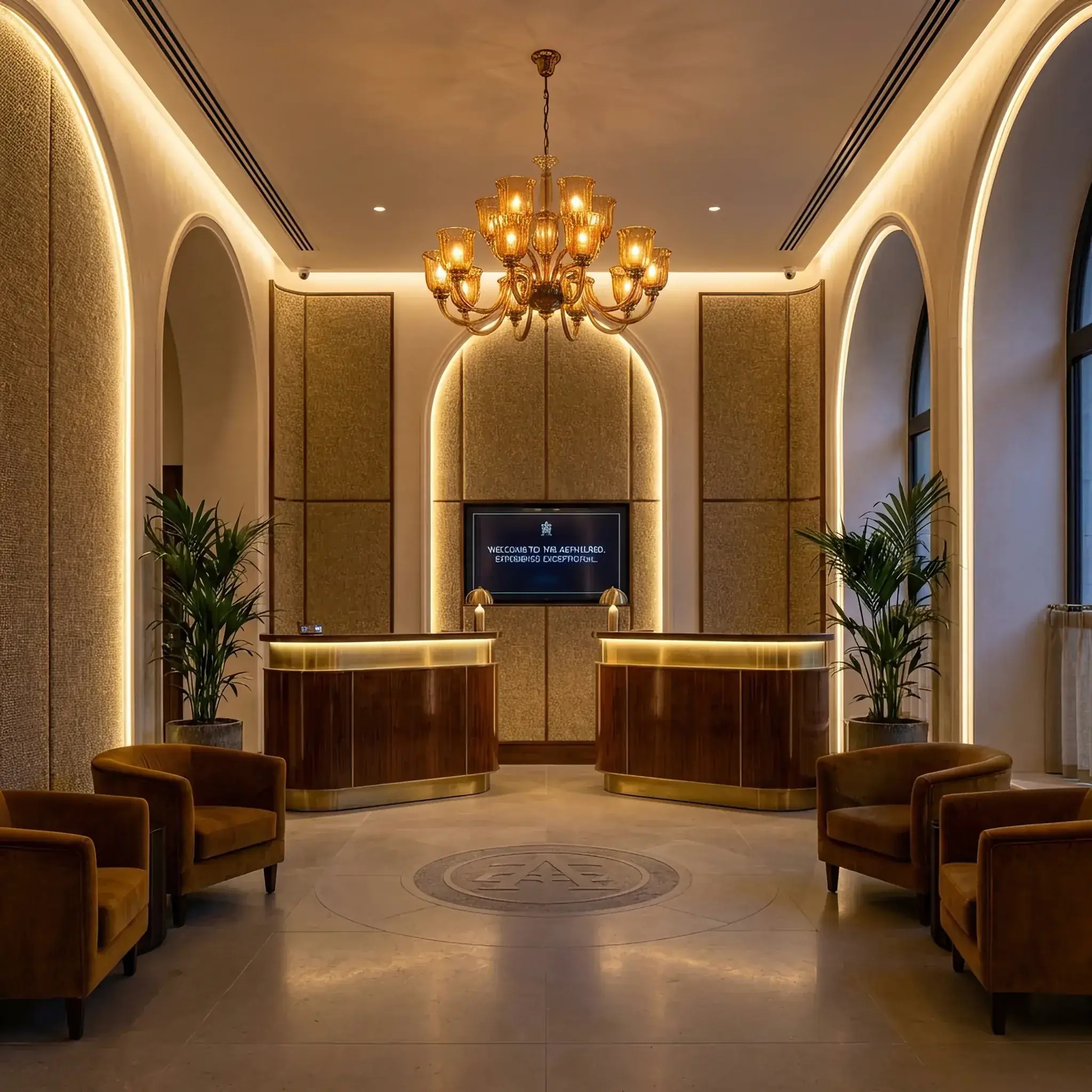 Архитектура и дизайн: Гостеприимное и статусное вестибюль с мягким светом и открытой архитектурой стойка регистрации