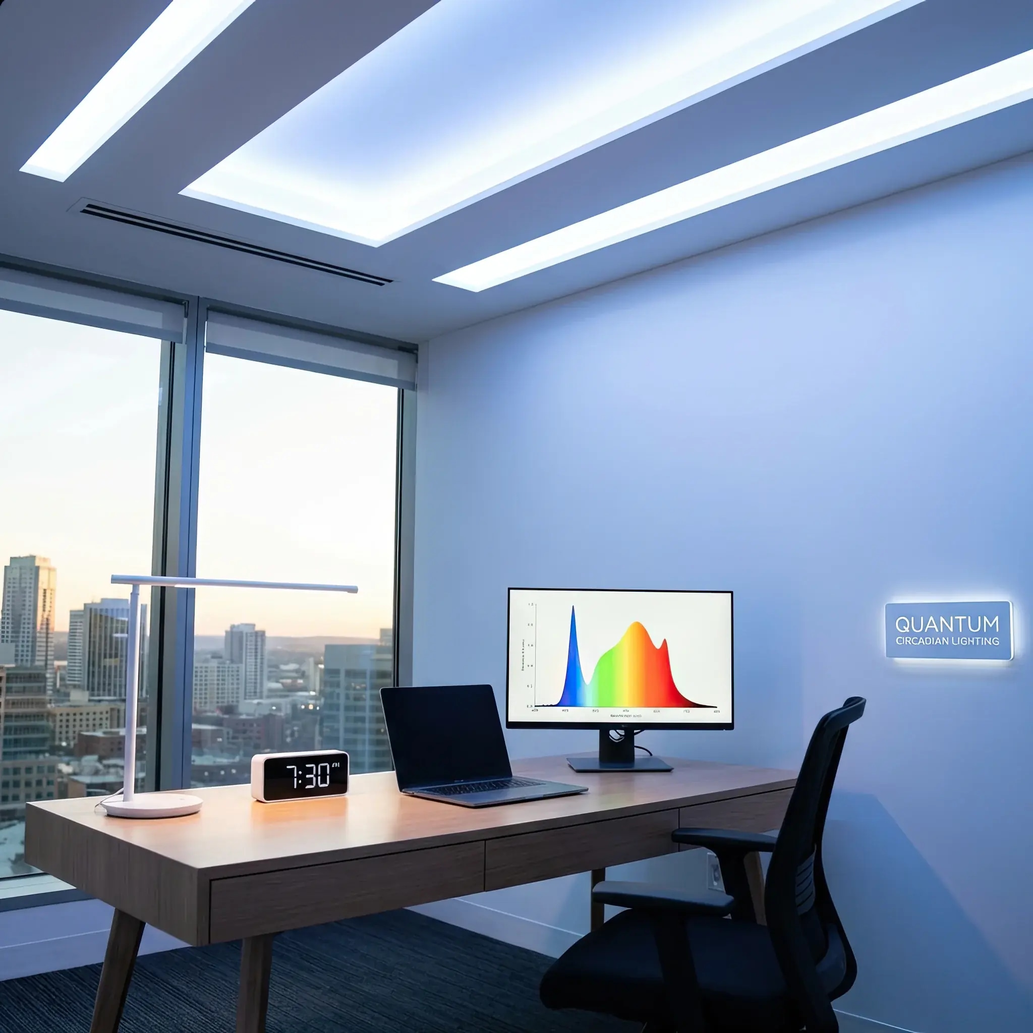 Архитектура и дизайн: Стойка приемная под потоком высокочастотного 'квантового' света, который меняет свои характеристики в зависимости от времени суток