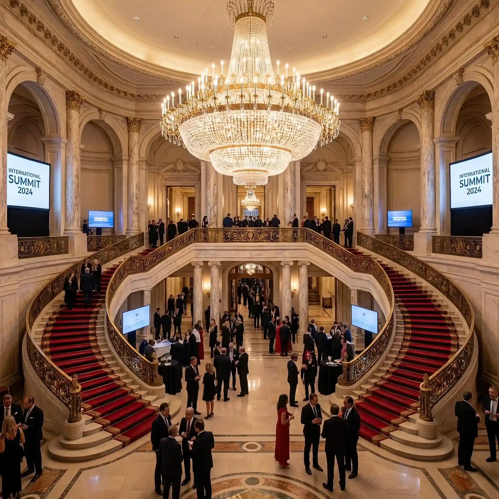 Архитектура и дизайн: Грандиозный приемная-холл с высокими потолками, хрустальными люстрами и золотой отделкой