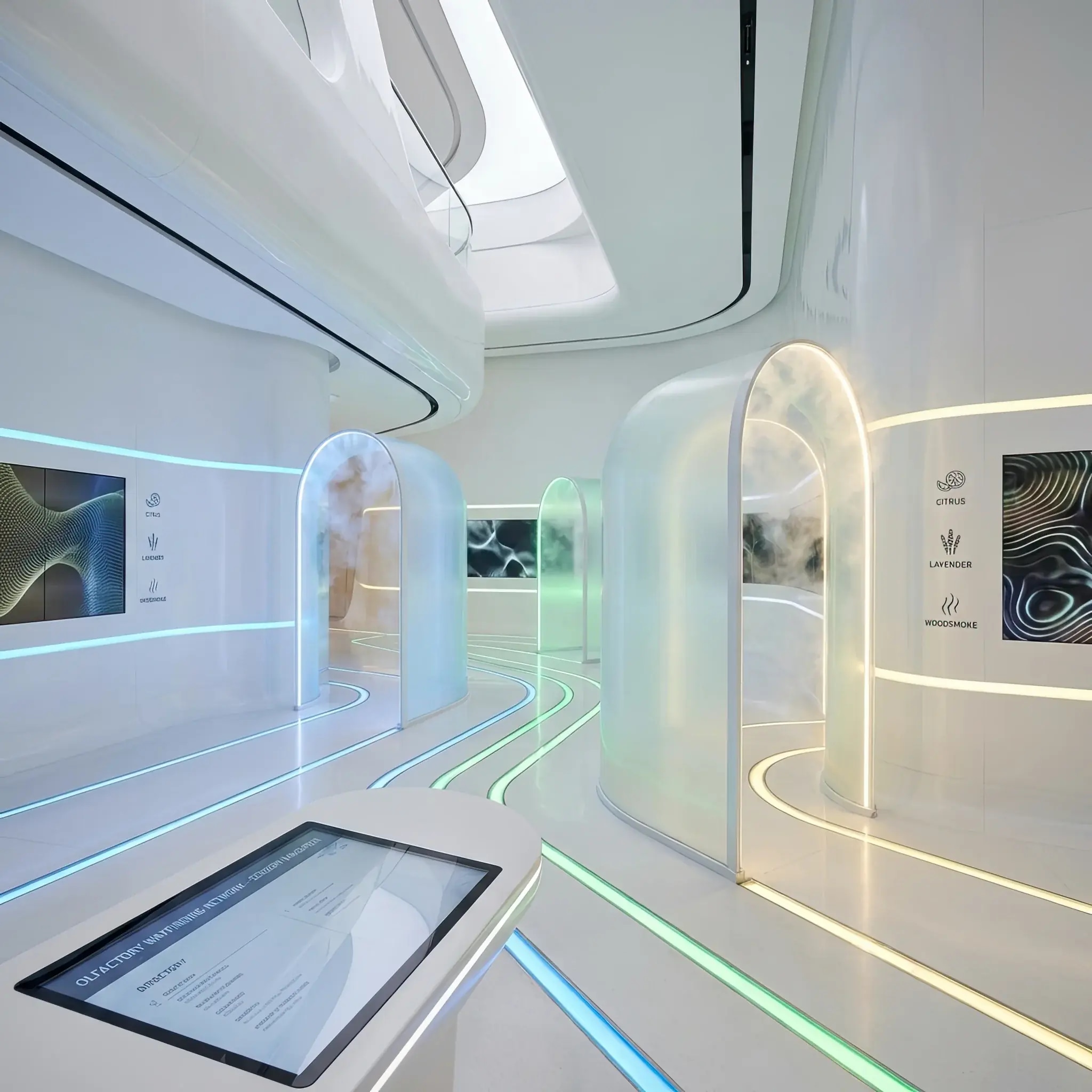 Архитектура и дизайн: Просторное вестибюль аэропорта с визуальными и ароматическими маркерами навигации