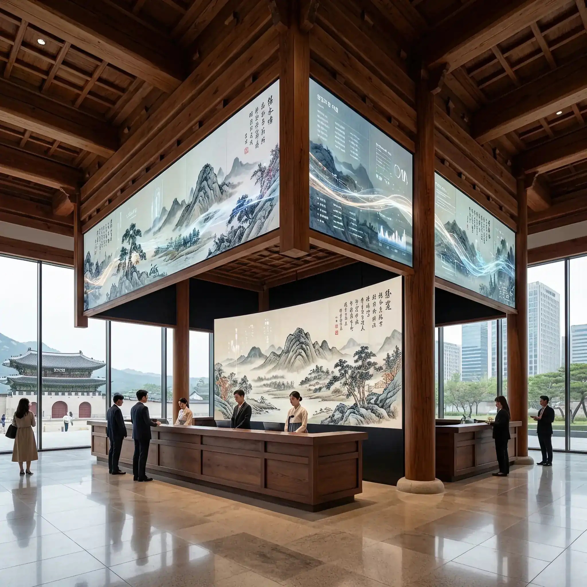 Архитектура и дизайн: Приемная в Сеуле, сочетающий традиционную деревянную крышу Ханок и прозрачные OLED-экраны