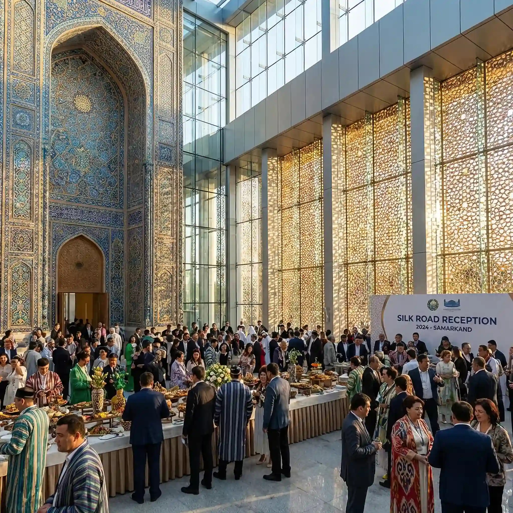 Архитектура и дизайн: Приемная в Ташкенте с использованием современной резьбы по дереву и голубой мозаики в стиле Самарканда