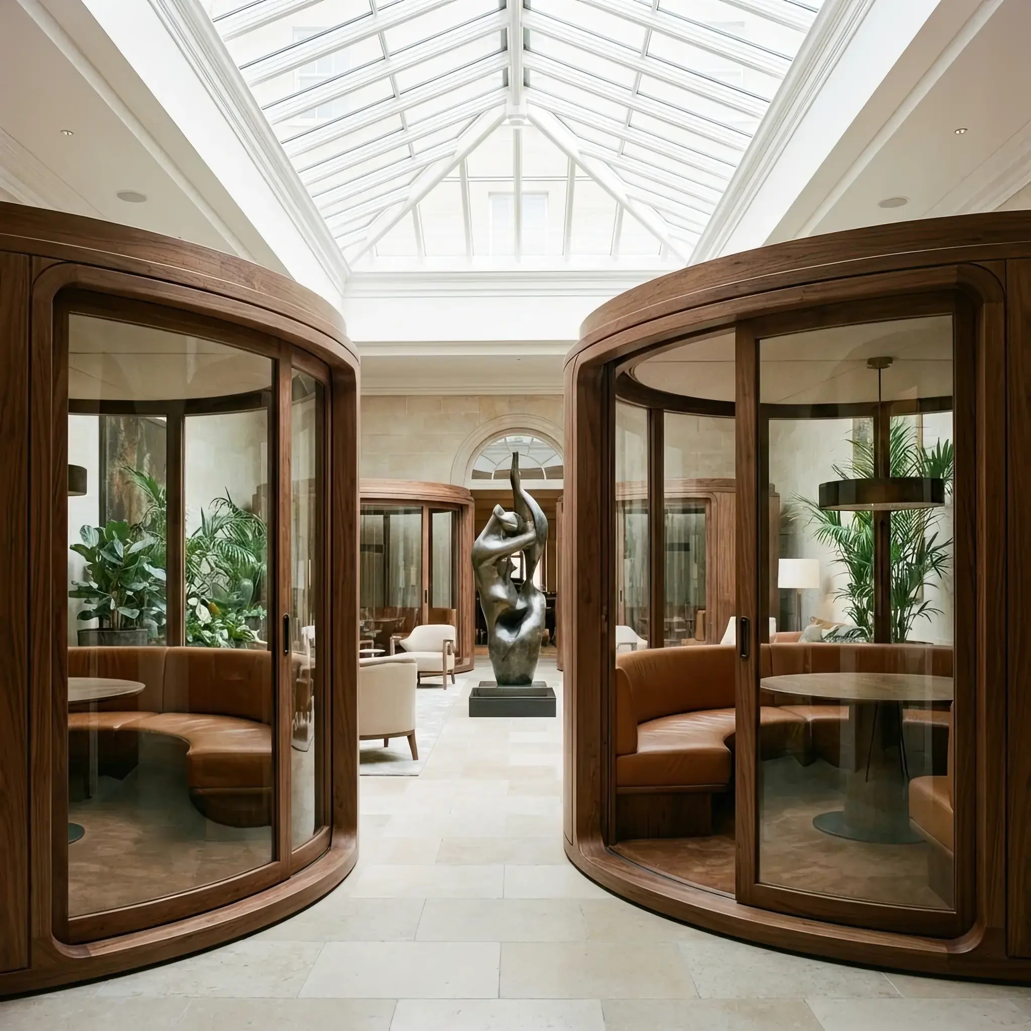 Архитектура и дизайн: Вестибюль, разделенное на приватные зоны отдыха с помощью элегантных мобильных умный капсул