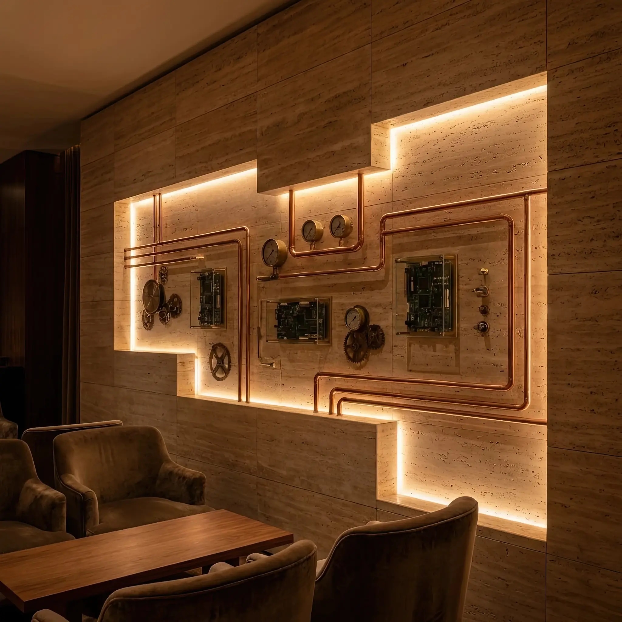 Архитектура и дизайн: Оформление стена вестибюль, которая на самом деле является гигантским аккумулятором, обеспечивающим здание энергией во время пиковых нагрузок