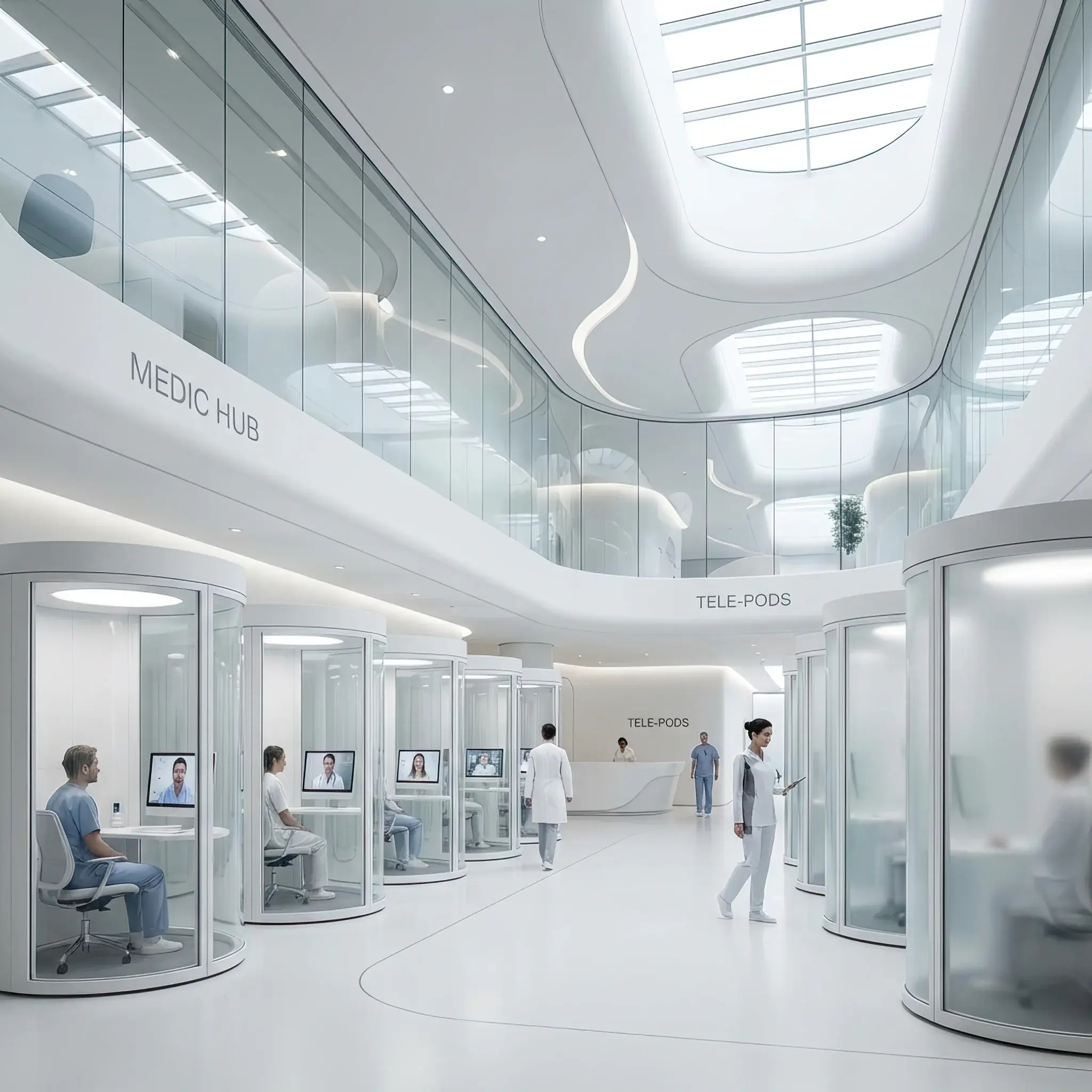 Архитектура и дизайн: Футуристичный белый холл с рядами приватных, звукоизолированных кабин для видеосвязи с врачом