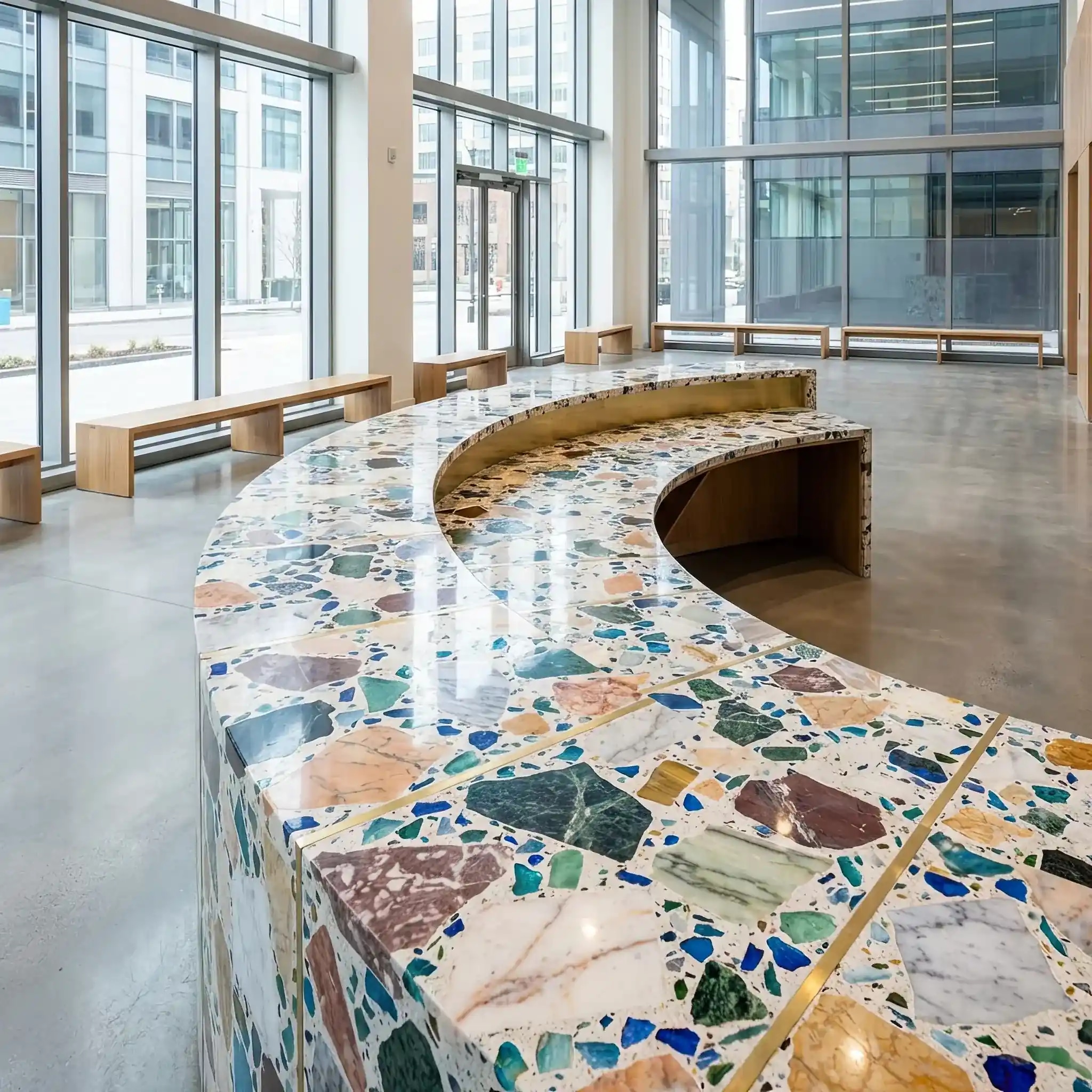 Архитектура и дизайн: Современное вестибюль с бесшовным полом и стойкой приемная из уникального терраццо с вкраплениями цветного мрамора