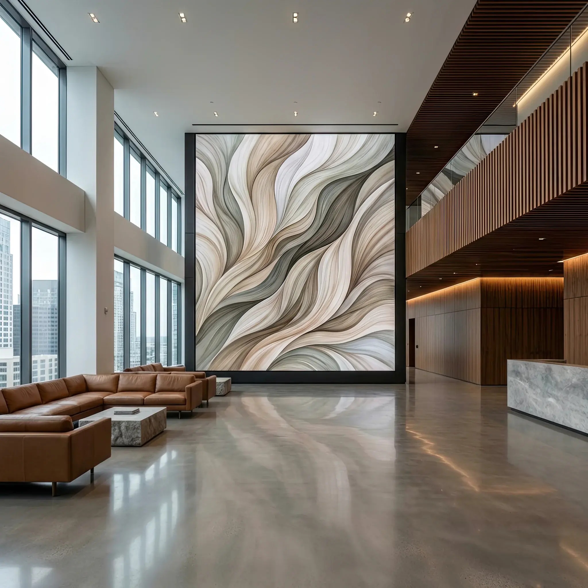 Архитектура и дизайн: Панорамная стена вестибюль плавно меняет динамическое изображение, как только в холл заходит резидент, владеющий определенным цифровым активом