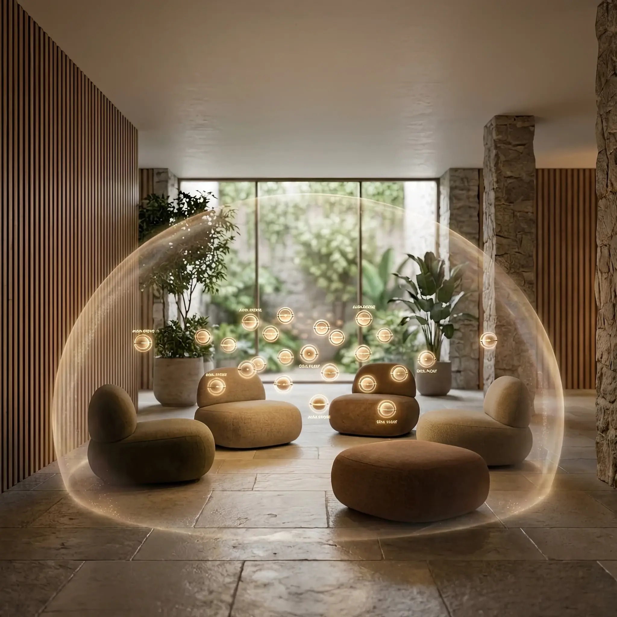 Архитектура и дизайн: Многоуровневый атриум деловой центра, полностью заросший тропическими растениями с каскадными водопадами