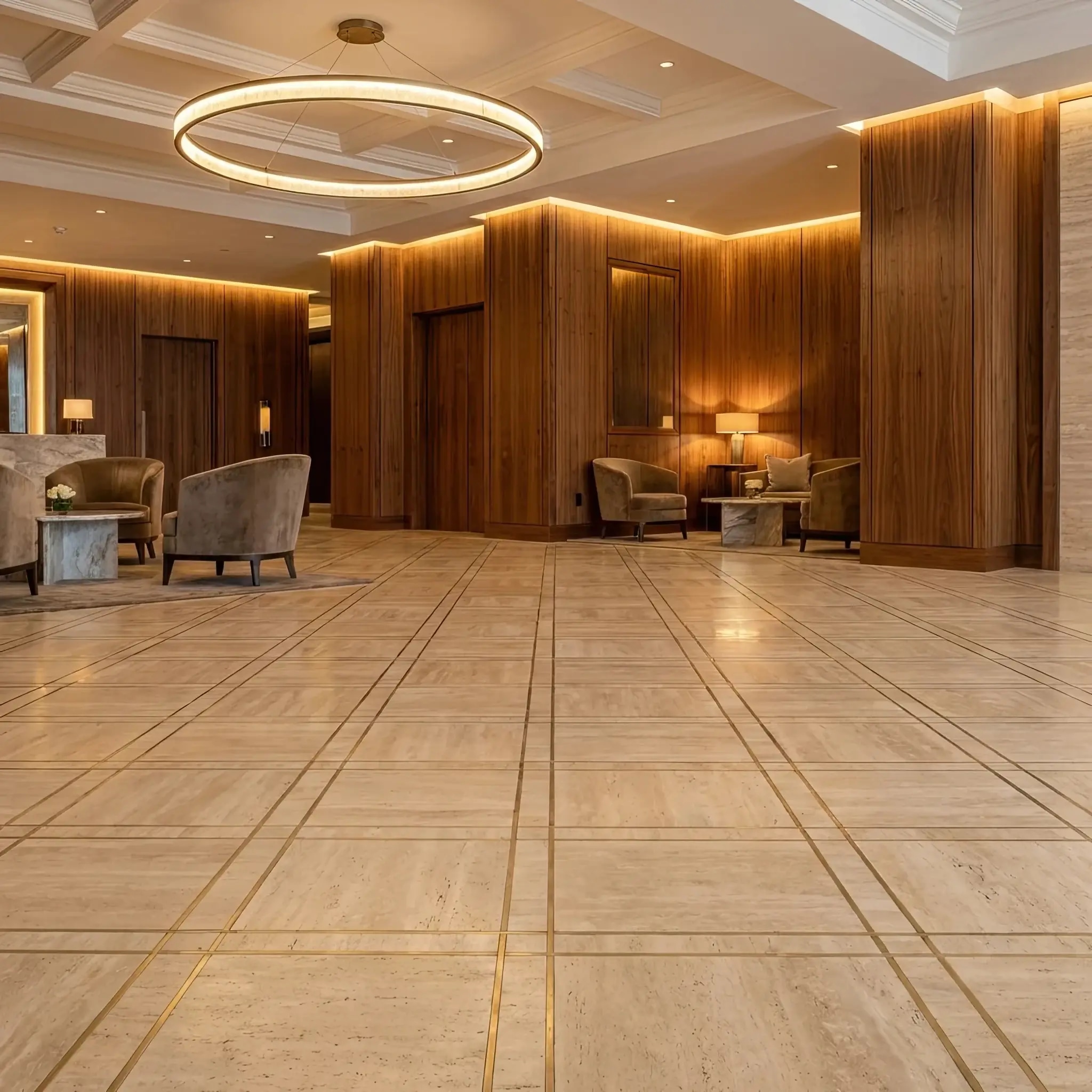 Архитектура и дизайн: Ультрасовременное вестибюль, где пол состоит из модулей с мягкой пульсацией и подсветкой