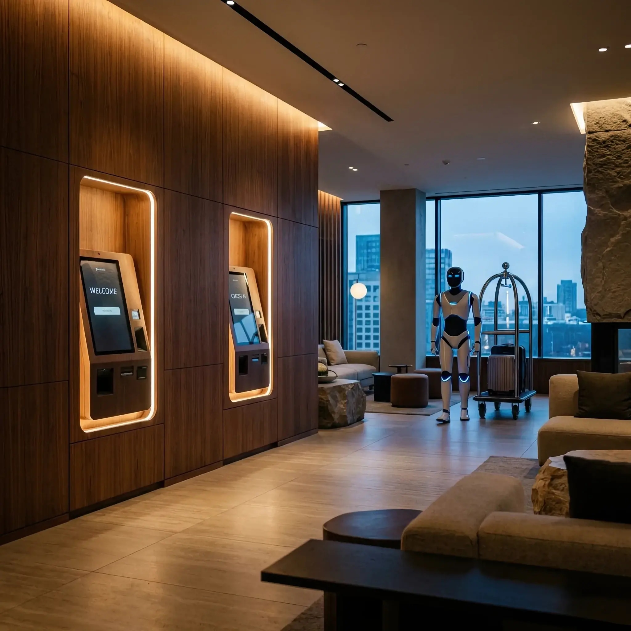 Архитектура и дизайн: Реалистичный цифровой помощник на прозрачном OLED-экране, общающийся с посетителем