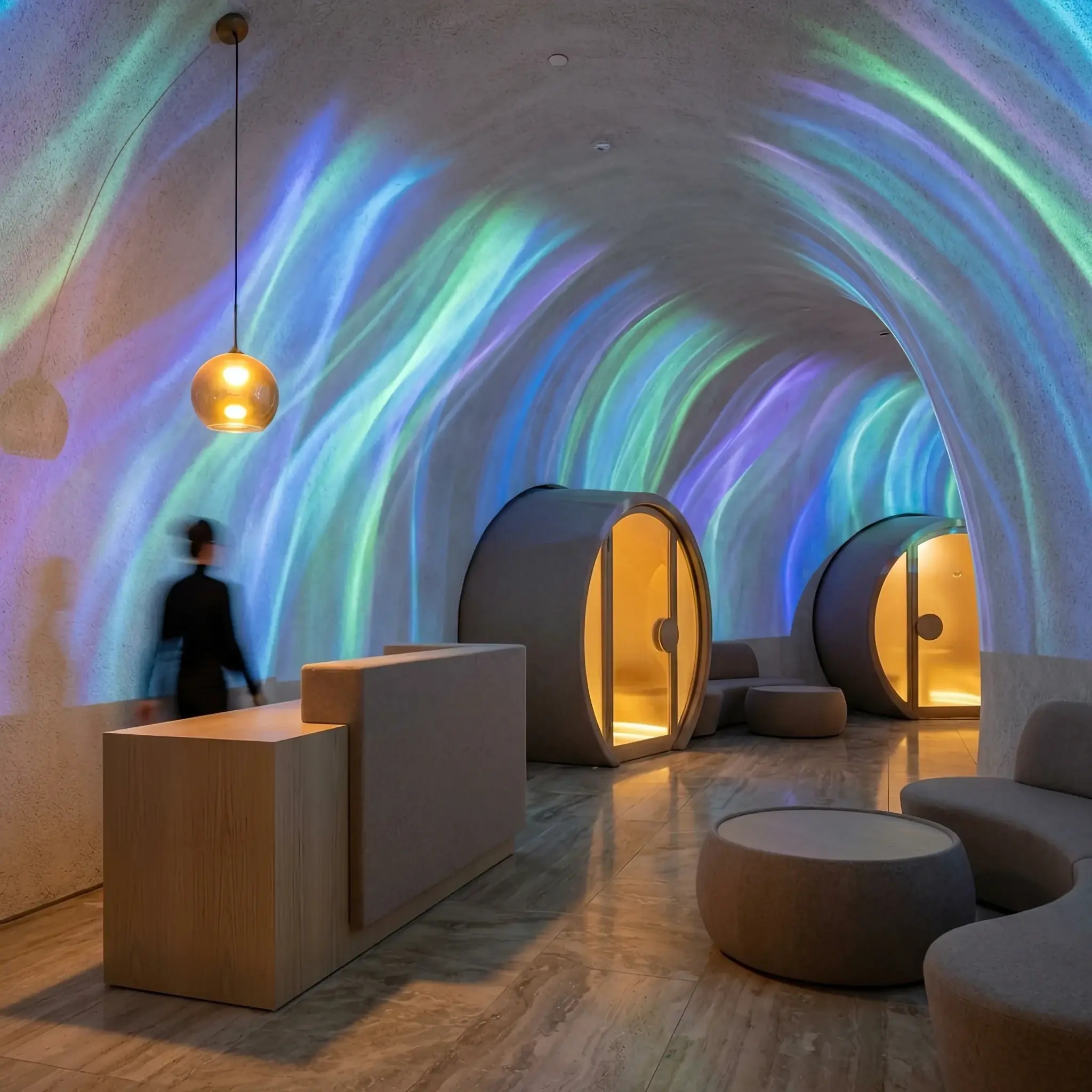 Архитектура и дизайн: Футуристическое вестибюль университета с рядами VR-капсул, голографической стойкой и зарядными станциями