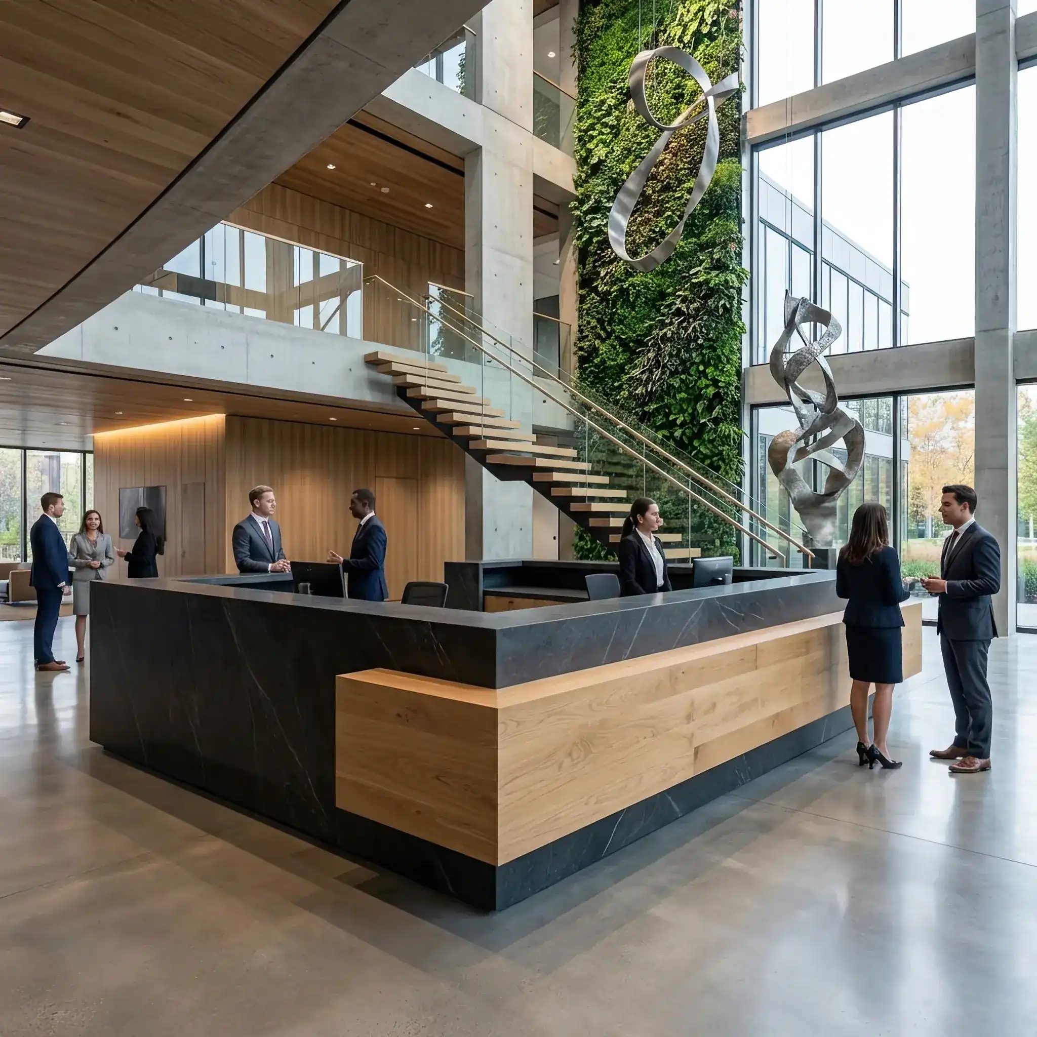 Архитектура и дизайн: Современное двухуровневое пространство вестибюль с выразительным стойка регистрации