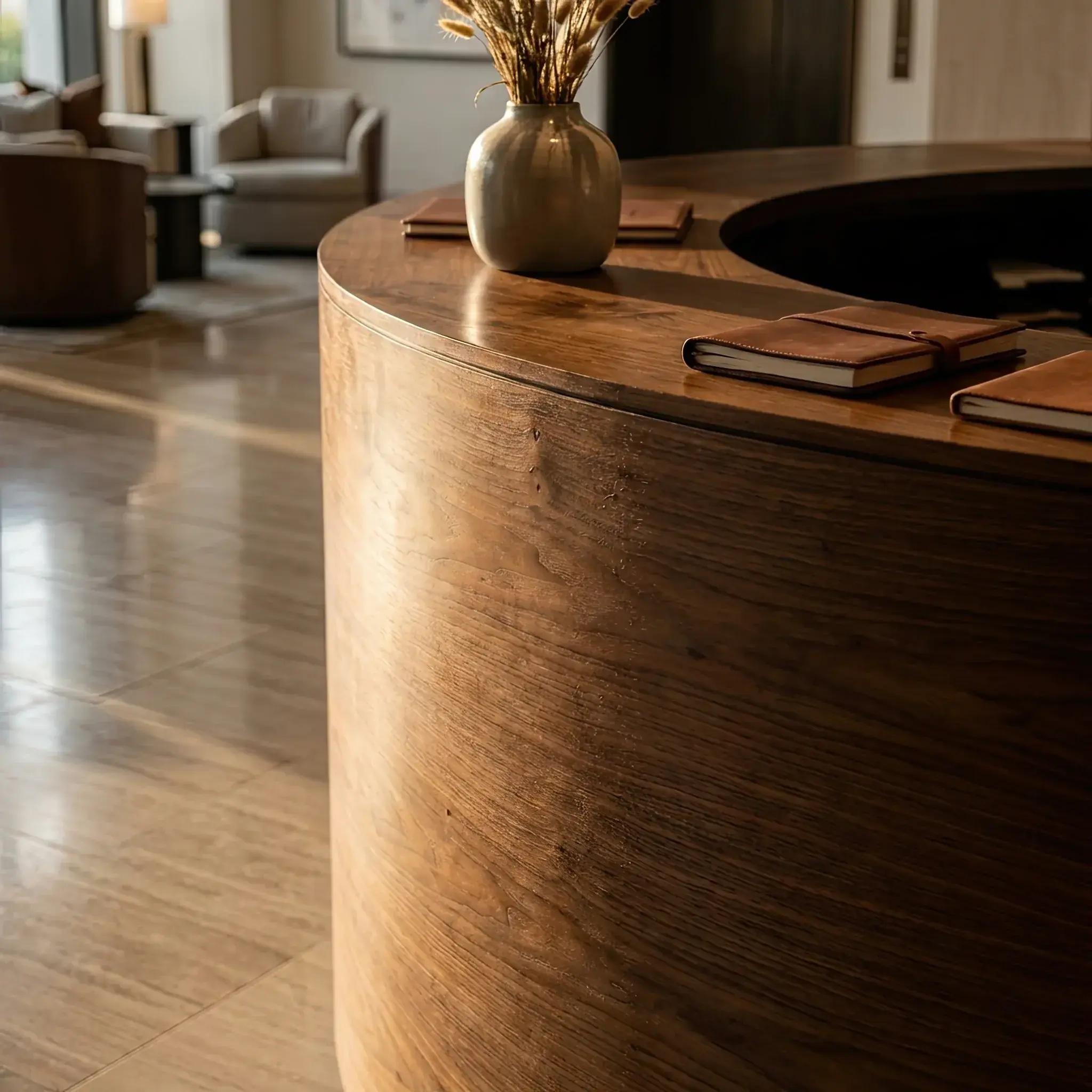 Архитектура и дизайн: Стойка приемная с отделкой из шпона американского ореха, подчеркивающего глубокий шоколадный оттенок и сложное переплетение волокон