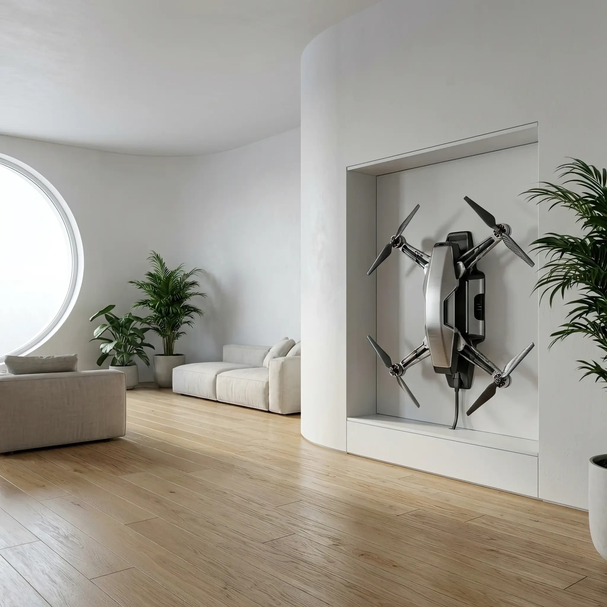 Архитектура и дизайн: Группа почти невидимых полупрозрачных микро-дронов парит в луче света в вестибюль, нейтрализуя частицы пыли на молекулярном уровне