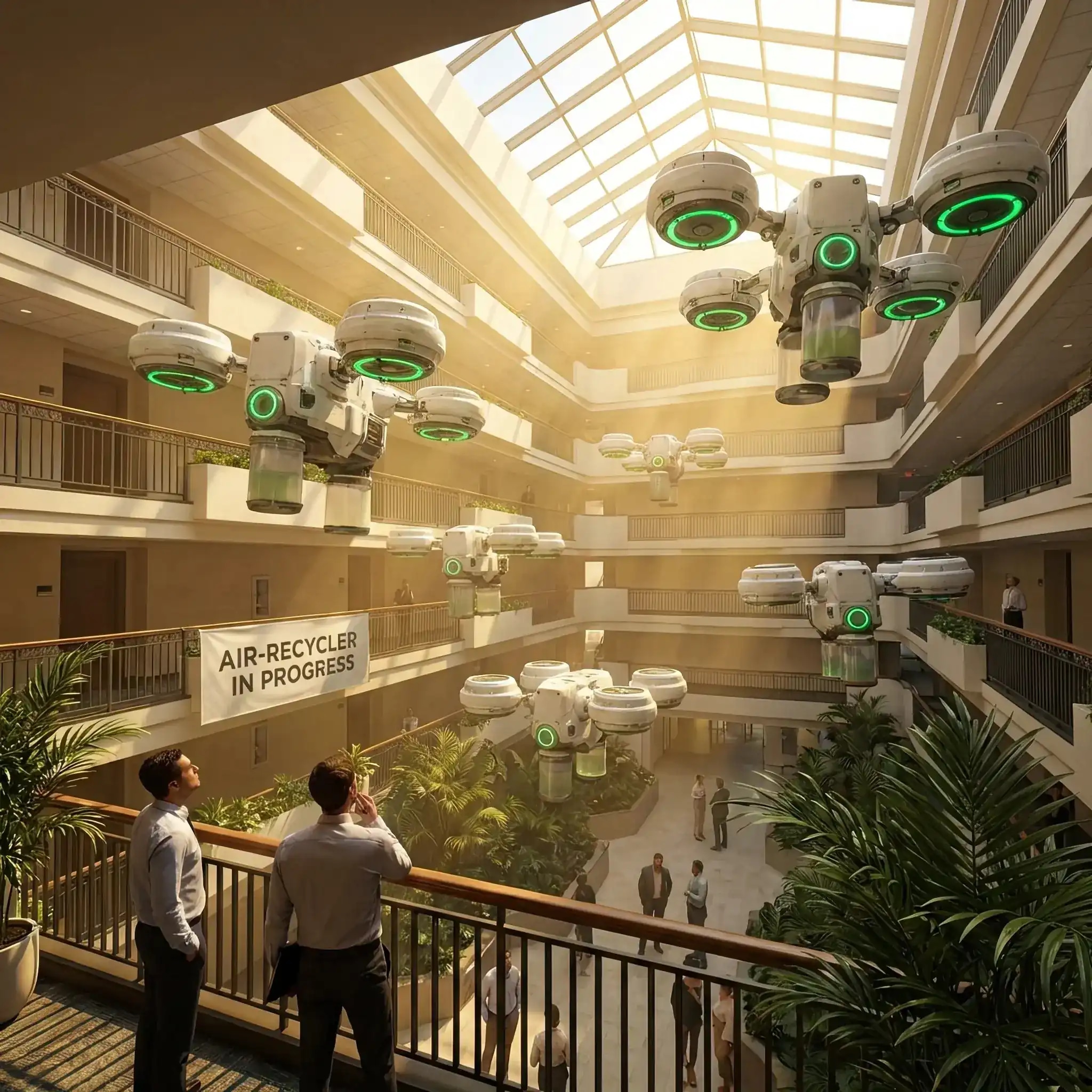 Архитектура и дизайн: Минималистичный робот в вестибюль аккуратно забирает пустой стакан у гостя и мгновенно определяет его материал для переработки