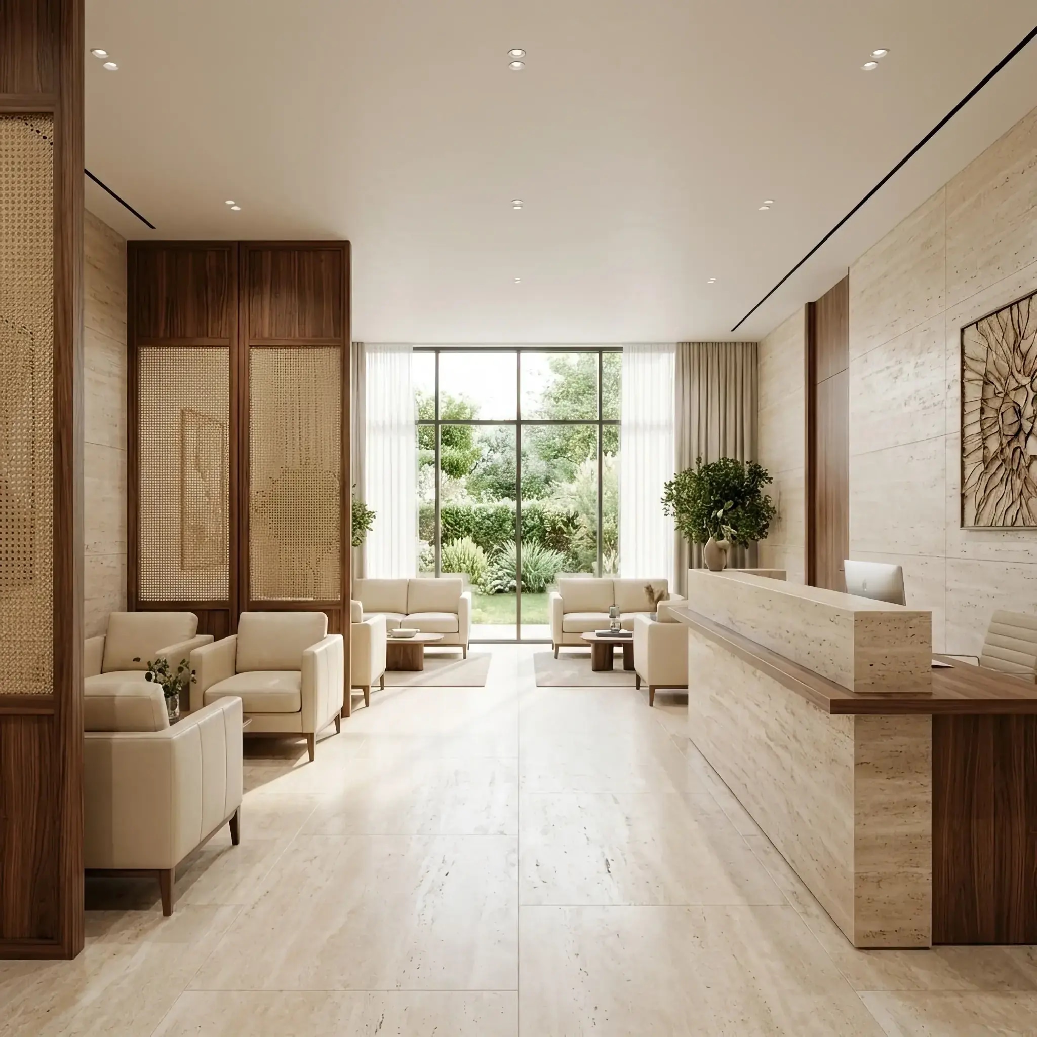 Архитектура и дизайн: Роскошное вестибюль стоматологии, похожее на отель 5 звезд: камин, мягкие кресла и запах лаванды