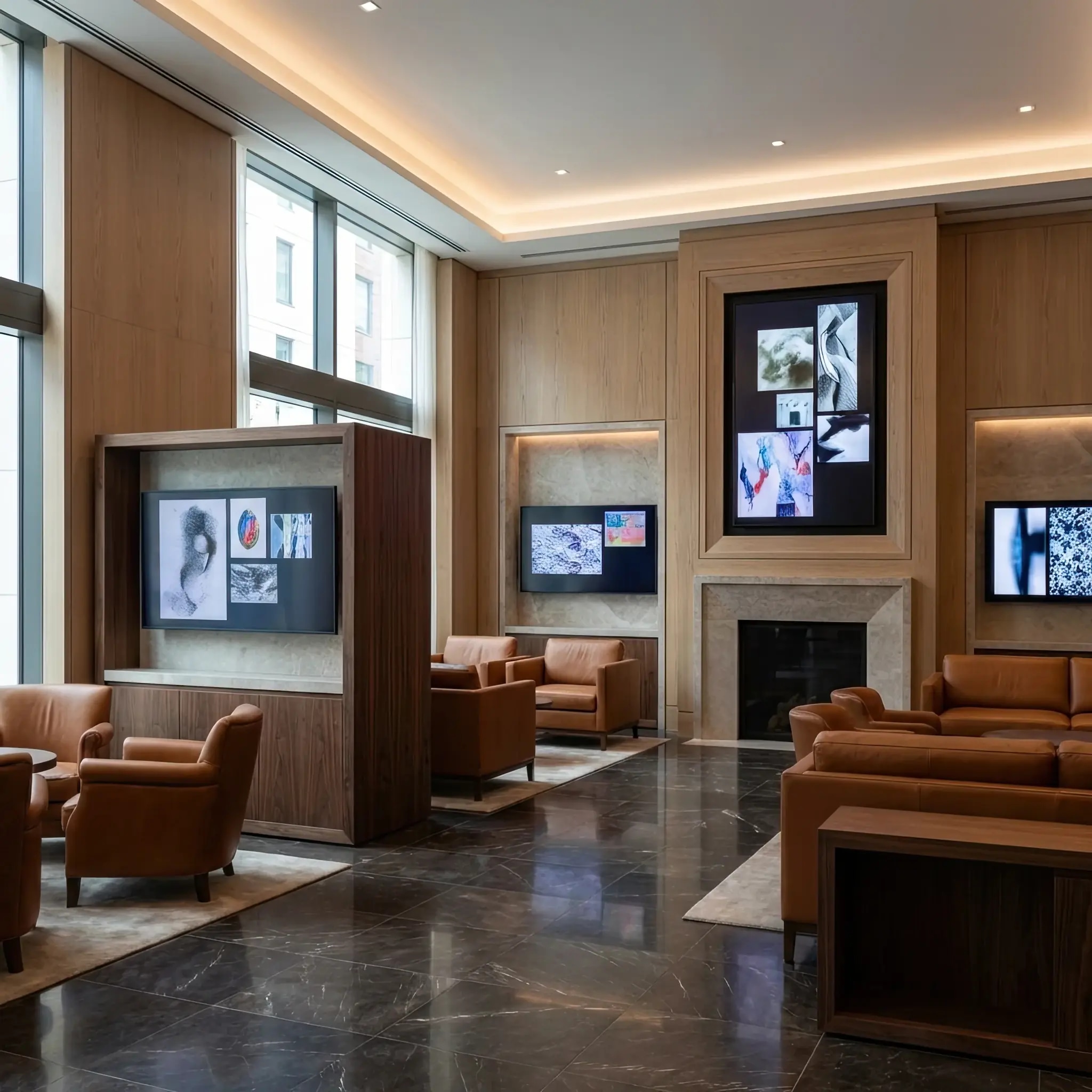 Архитектура и дизайн: Вестибюль с масштабными LED-панелями, демонстрирующими генеративное искусство и NFT-активы