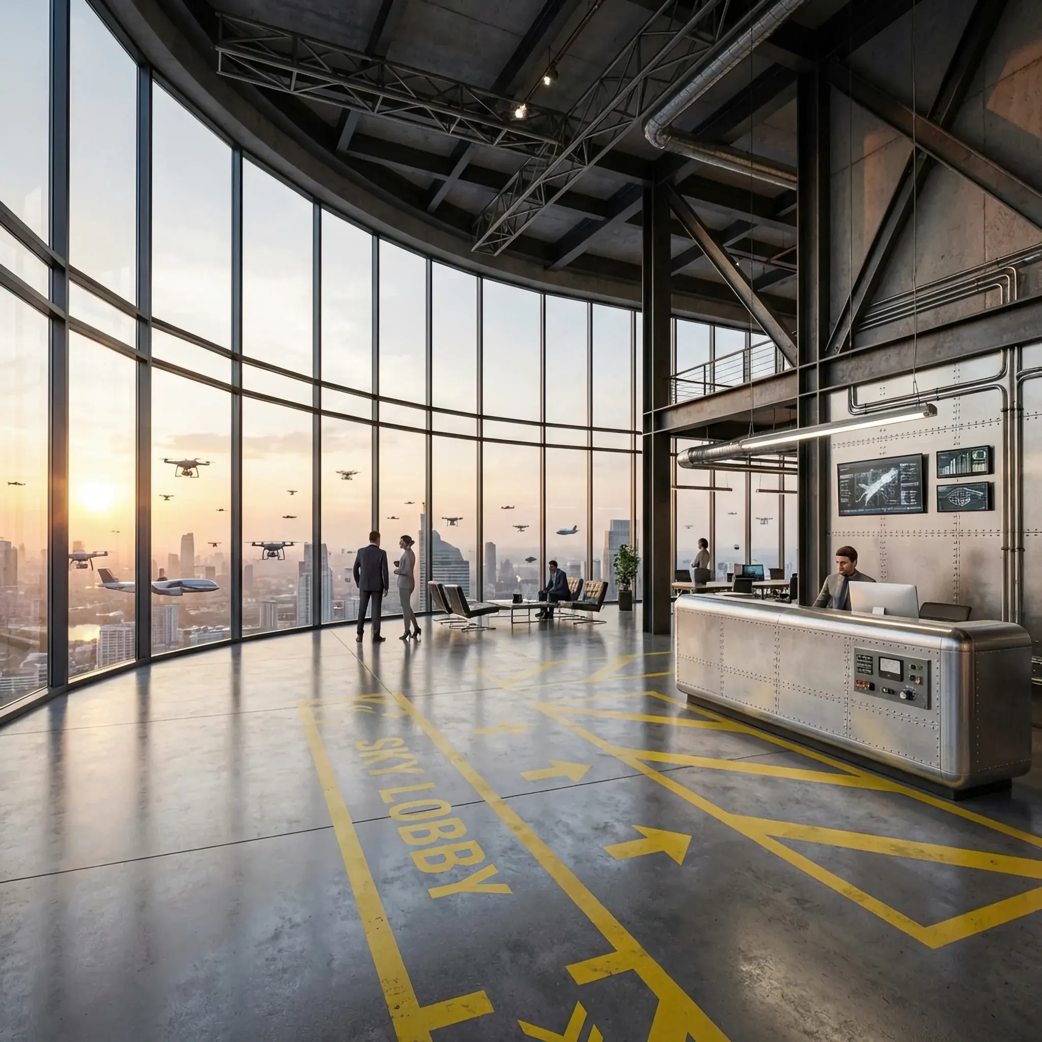 Архитектура и дизайн: Индустриальное вестибюль с панорамным видом на небо, где роятся дроны, и стойкой приемная из авиационного алюминия