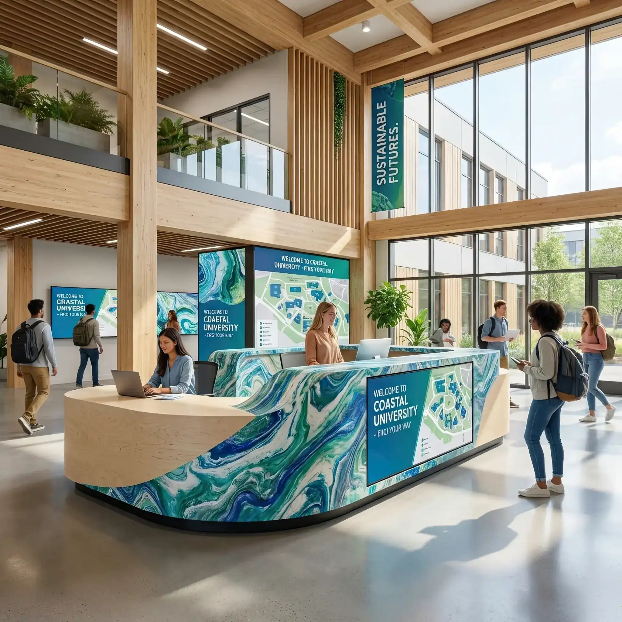 Архитектура и дизайн: Современный приемная в университете с интегрированными библиотечными полками и зонами для совместной работы студентов