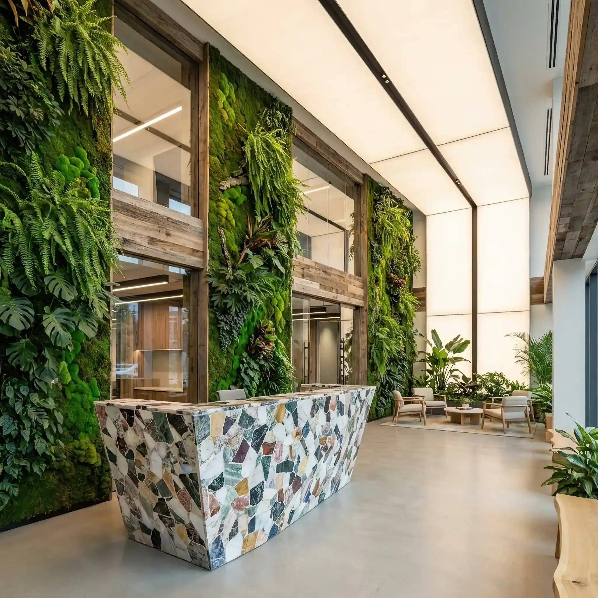 Архитектура и дизайн: Приемная из переработанного океанического пластика и восстановленного камня, выглядящий как произведение современного искусства