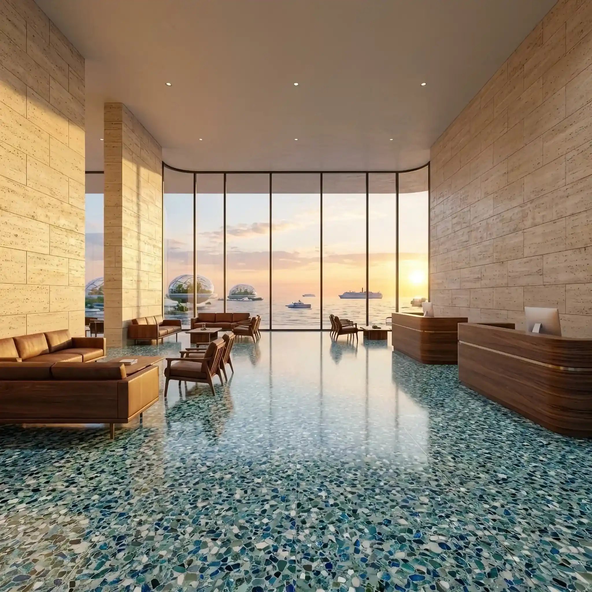 Архитектура и дизайн: Светлое, воздушное вестибюль на воде с конструкциями из бамбука и полом из переработанного пластика