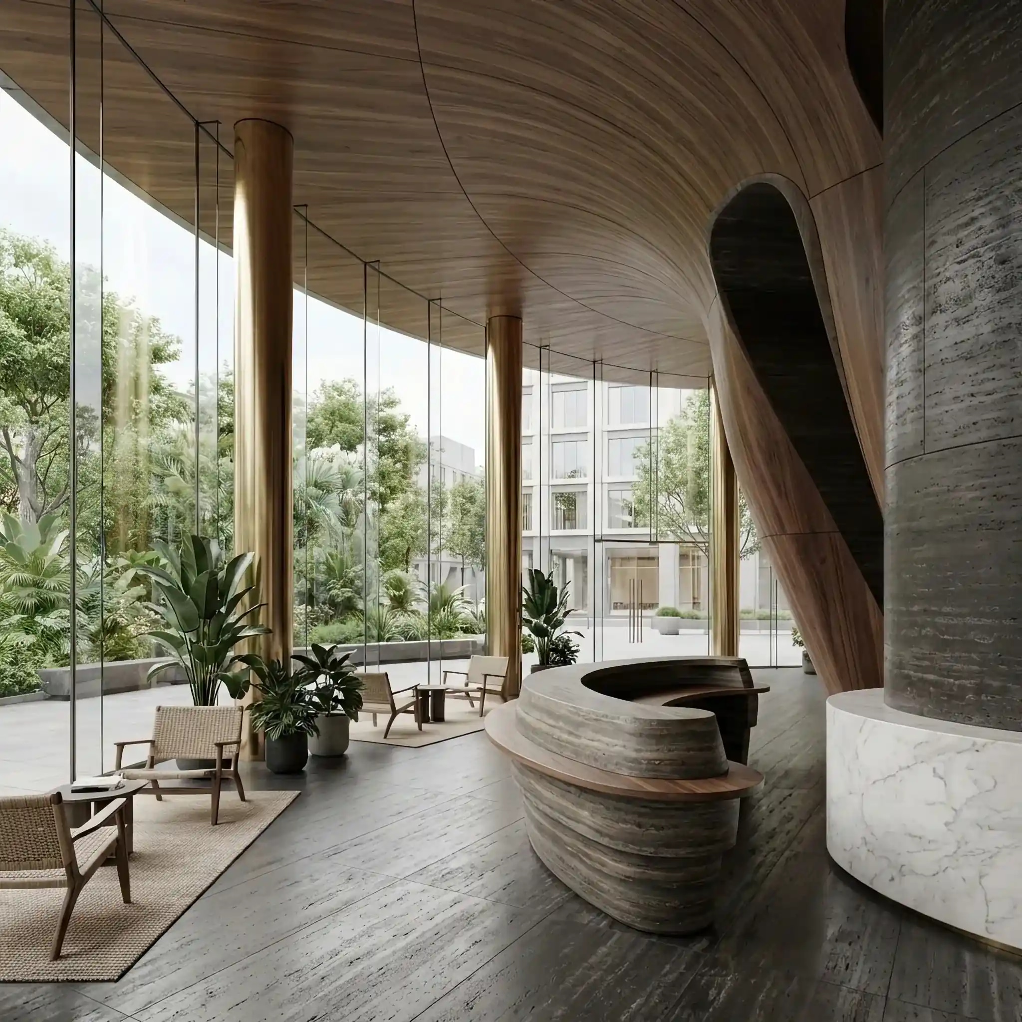 Архитектура и дизайн: Рецепшен сложной 'текучей' формы, созданный с помощью 3D-печати из углеродного композита