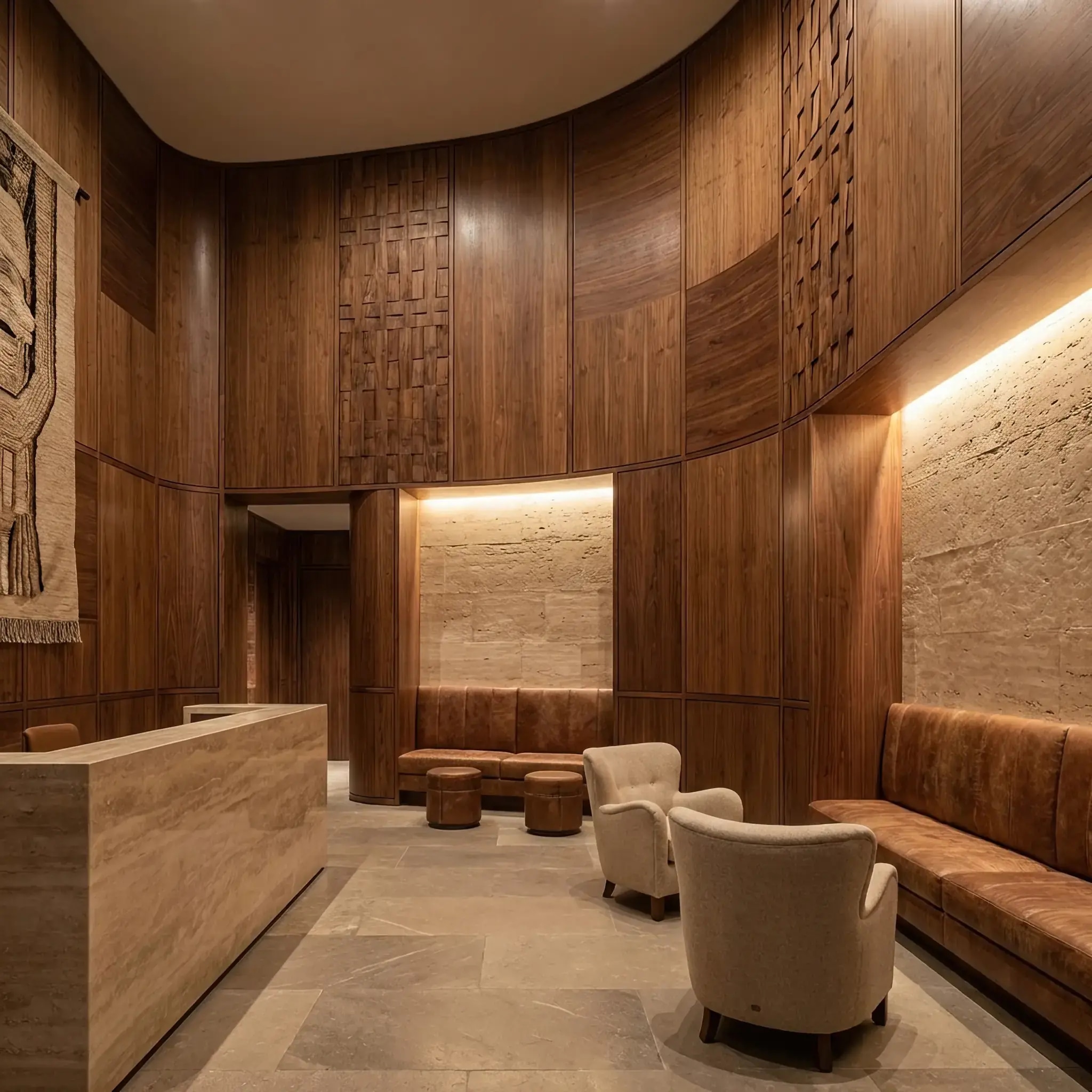 Архитектура и дизайн: Интерактивная стеновая панель с пульсирующей текстурой в современном вестибюль