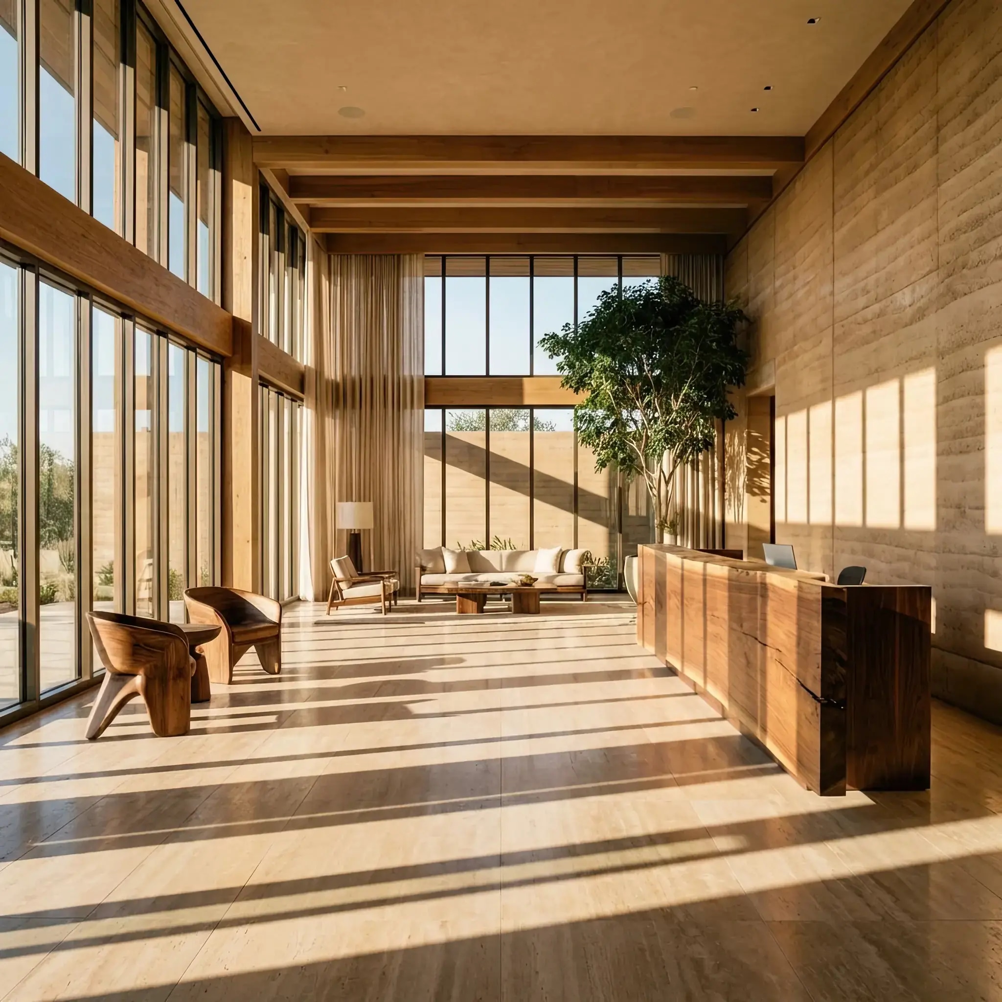 Архитектура и дизайн: Панорамные окна вестибюль выглядят абсолютно прозрачными, но скрыто генерируют мегаватты чистой энергии для систем интеллектуальные алгоритмы и освещения здания