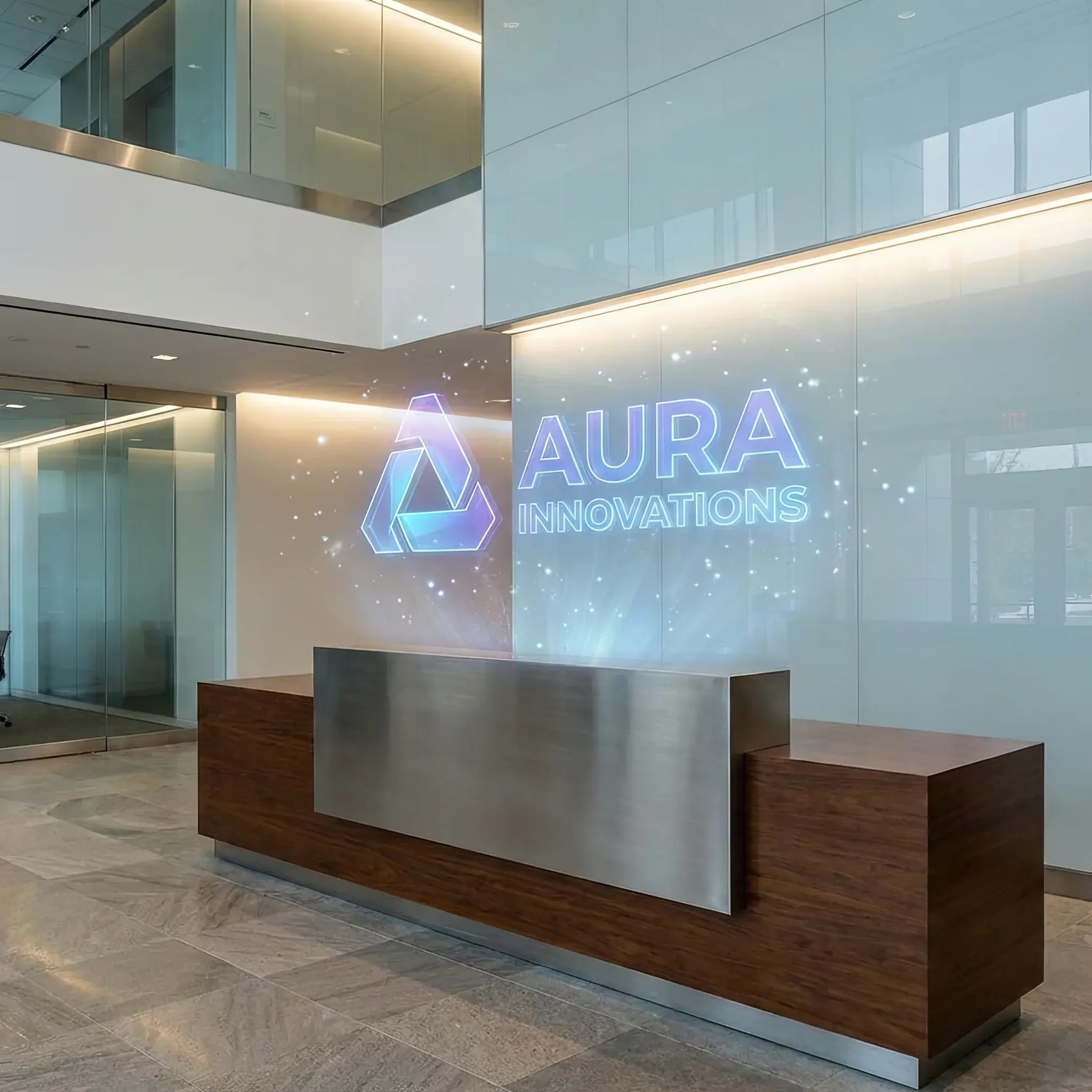 Архитектура и дизайн: Парящий в воздухе золотой логотип компании над стойкой приемная