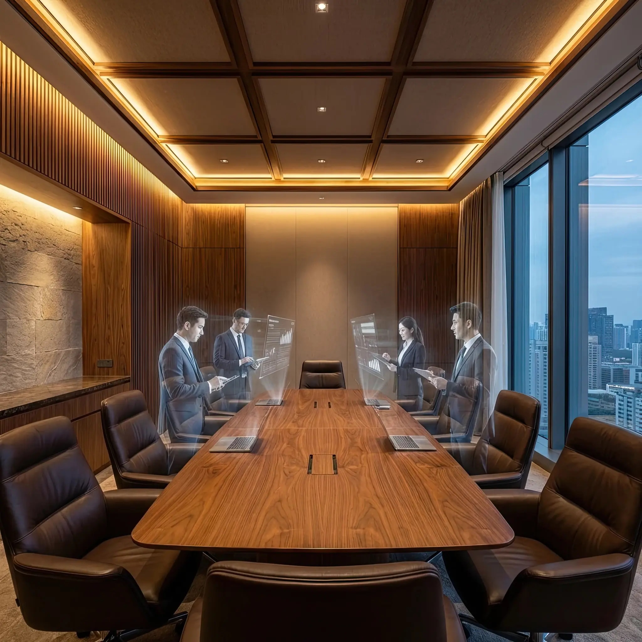 Архитектура и дизайн: VIP-переговорная в вестибюль, где за столом сидят голограммы партнеров из других стран, неотличимые от реальных людей