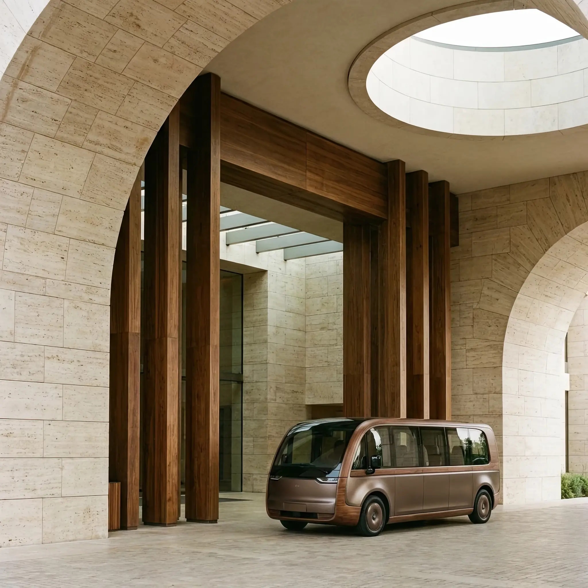 Архитектура и дизайн: Футуристический беспилотный шаттл вестибюль, работающий на водороде, ожидает гостя у парадного входа