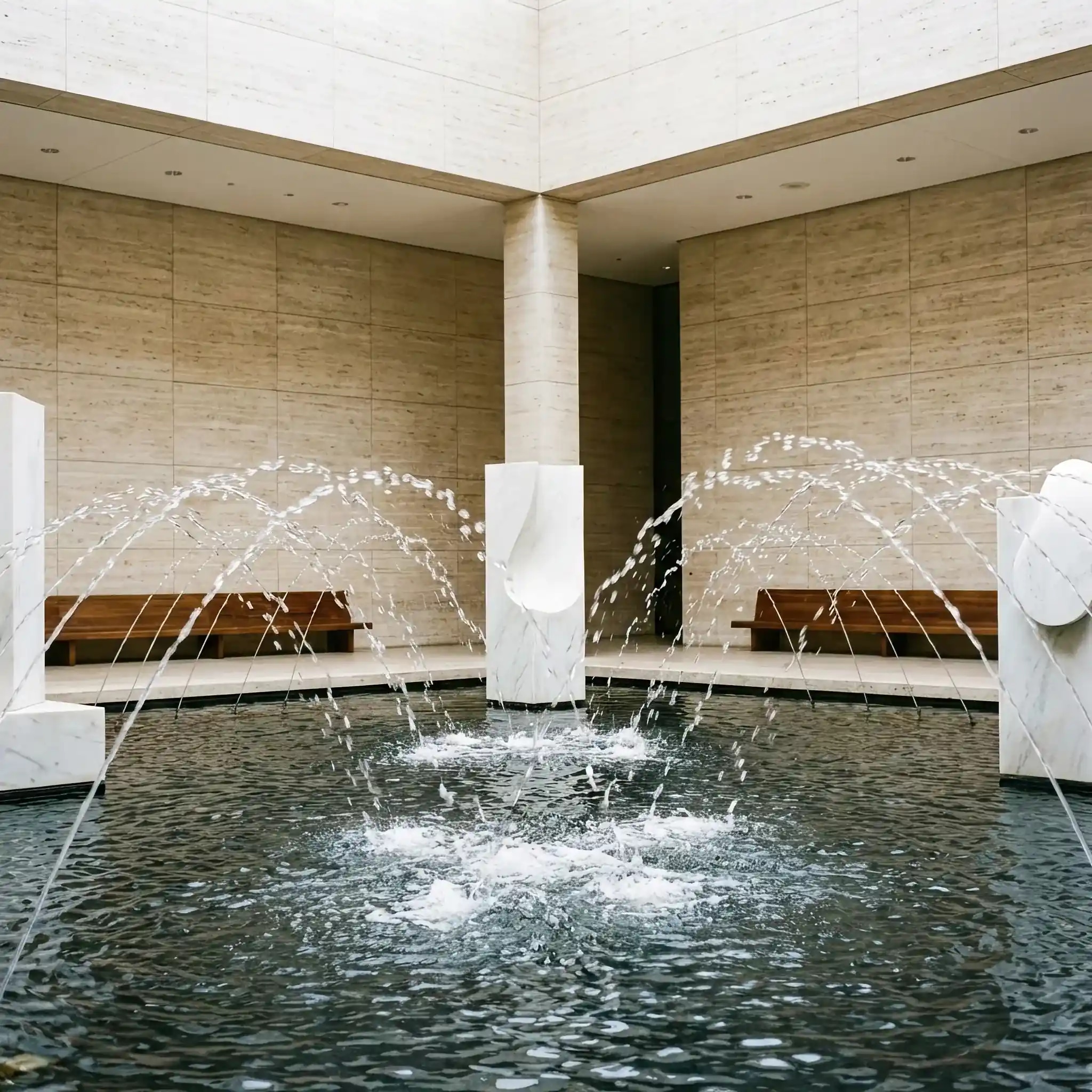 Архитектура и дизайн: Гость подходит к фонтану в вестибюль, и струи воды плавно меняют траекторию, приветствуя его сложным физическим танцем в воздухе