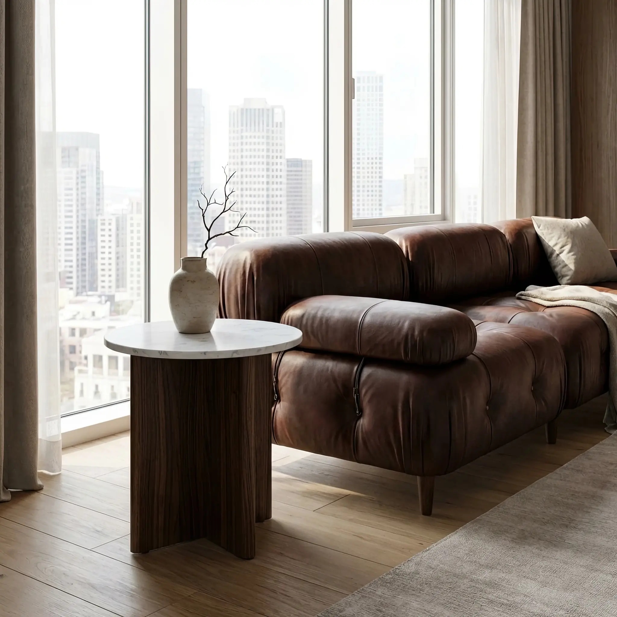 Архитектура и дизайн: Смартфон гостя парит в воздухе над поверхностью стола в вестибюль, заряжаясь через сфокусированный поток энергии