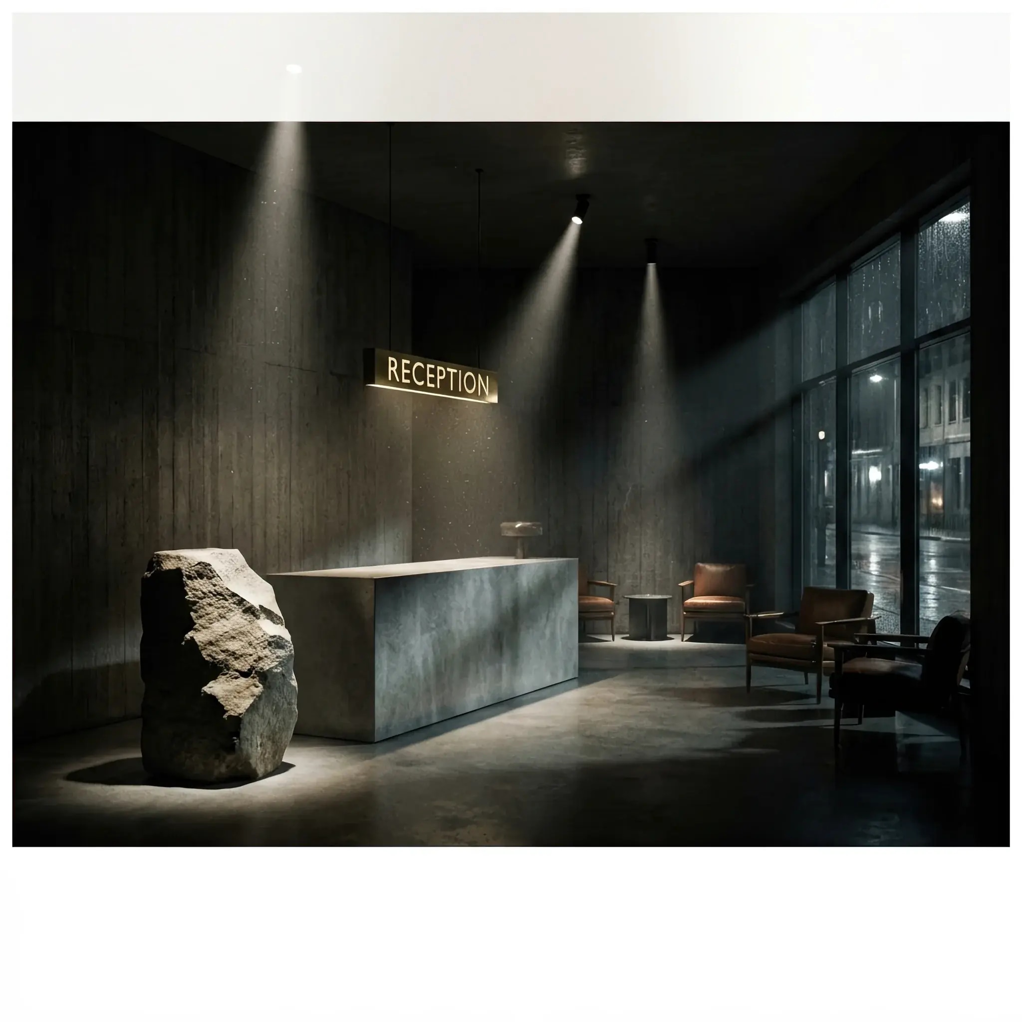 Архитектура и дизайн: Драматичное освещение стойки приемная с использованием акцентных лучей и глубоких теней