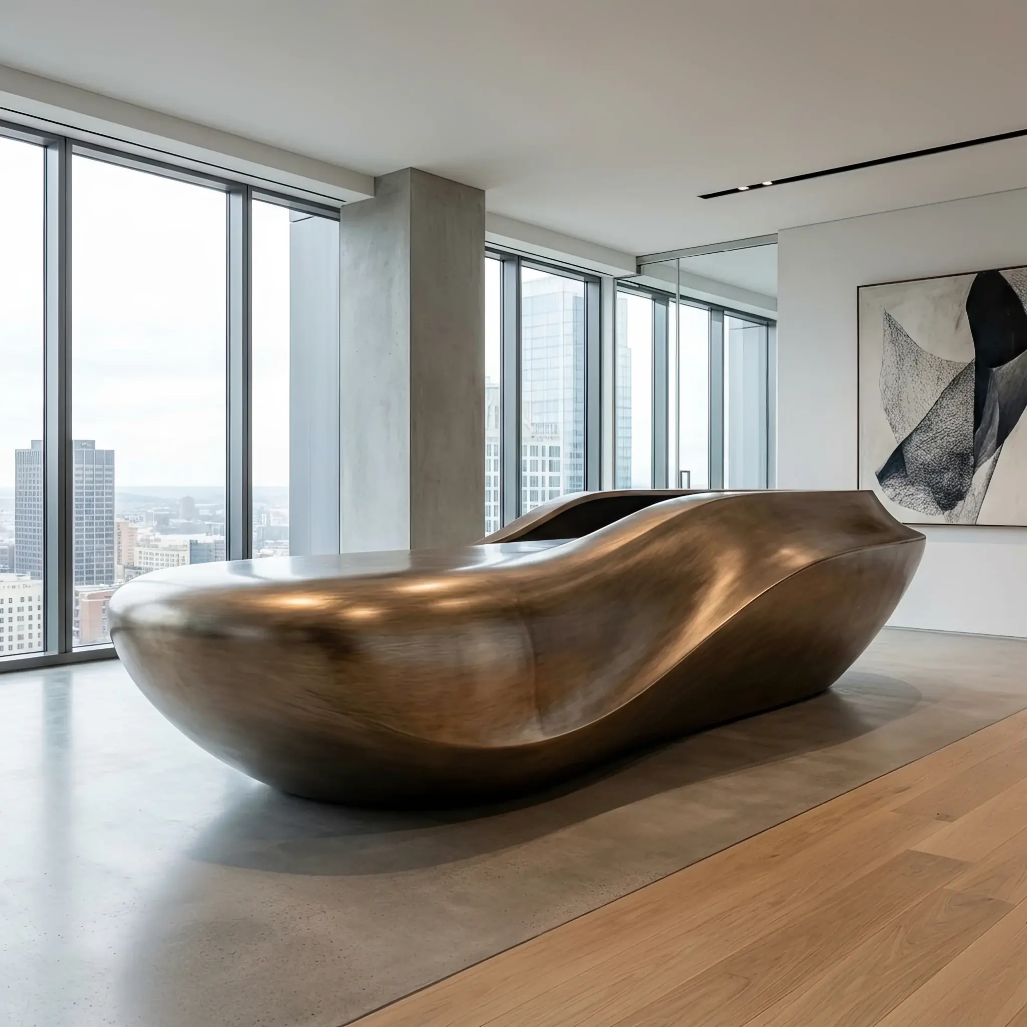 Архитектура и дизайн: Футуристическая стойка приемная обтекаемой формы, покрытая бесшовным слоем состаренной бронзы
