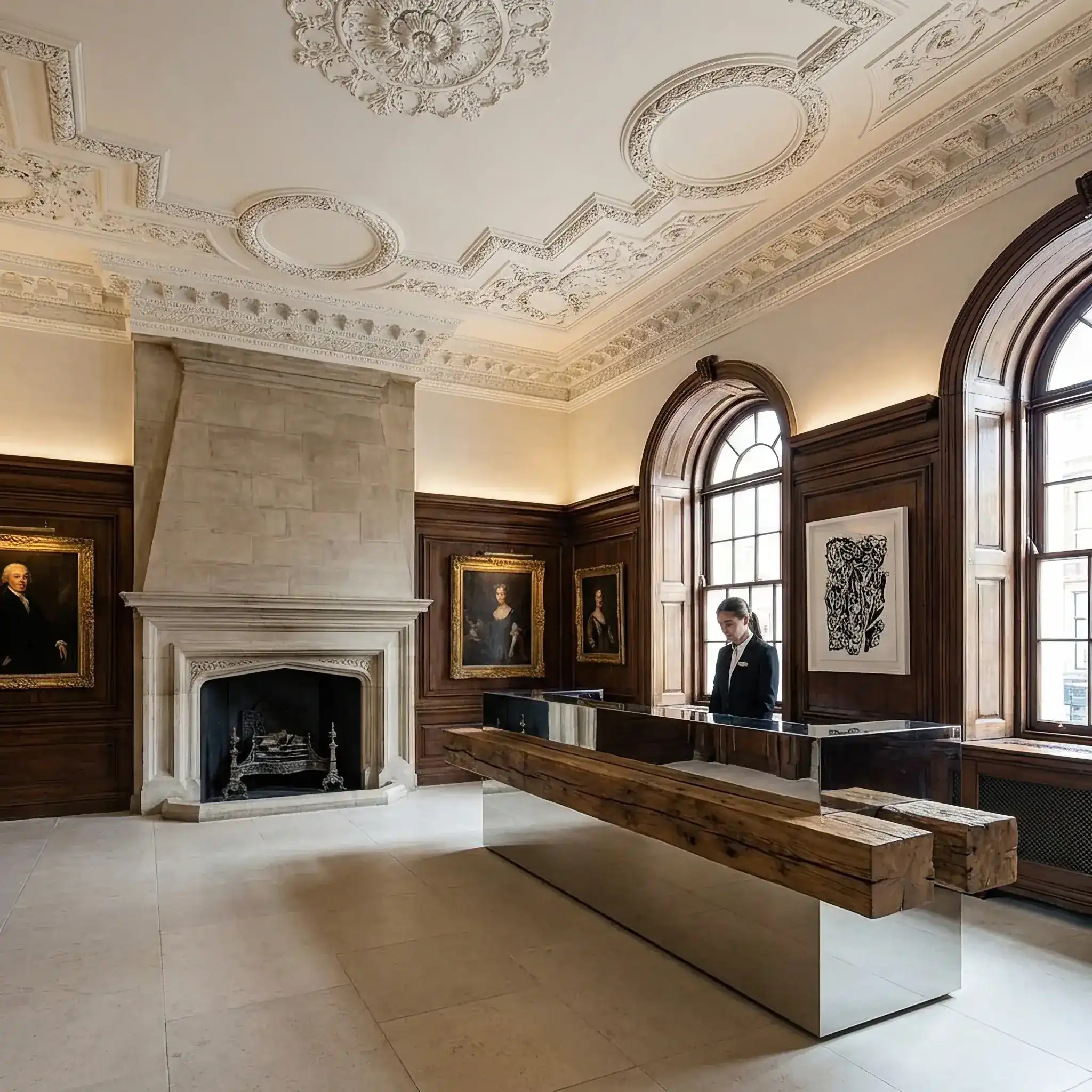 Архитектура и дизайн: Классическое здание в Лондоне, в интерьере которого стоит ультрасовременный приемная из зеркальной стали и старого дуба