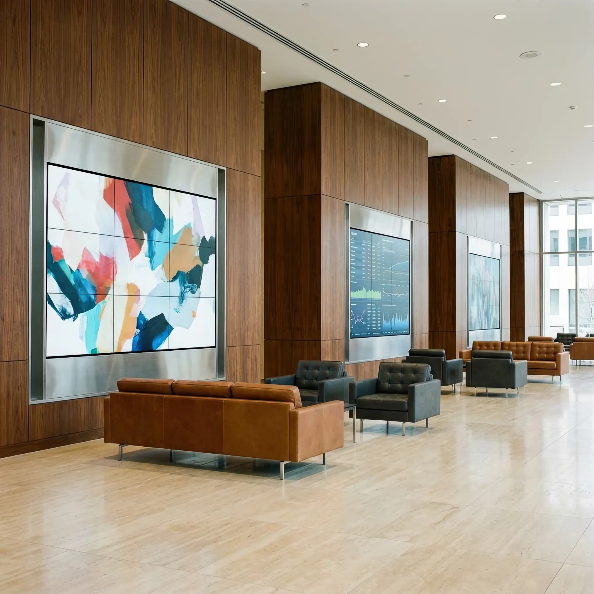 Архитектура и дизайн: Информационный экран в вестибюль под прямыми солнечными лучами остается идеально читаемым благодаря нано-покрытию с микрокапсулами