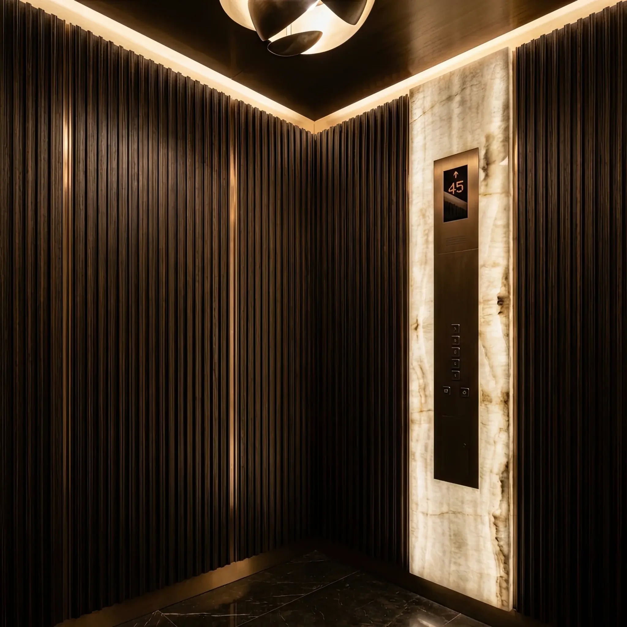 Архитектура и дизайн: Интерьер лифта будущего с бесшовными цифровыми панелями и отделкой из анодированного алюминия