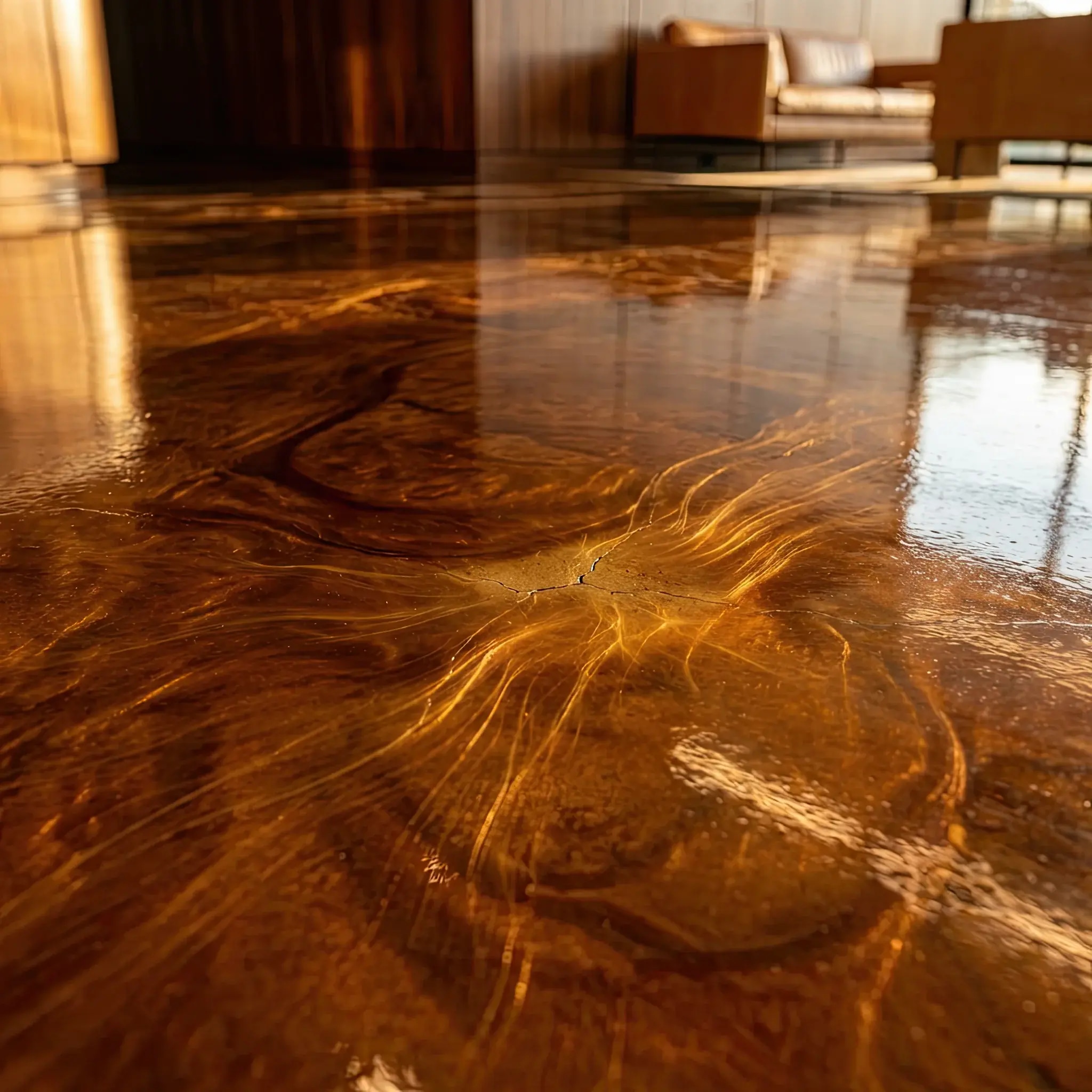 Архитектура и дизайн: Зеркальный арт-пол в вестибюль, демонстрирующий эффект мгновенного самовосстановления поверхности после прохода гостя