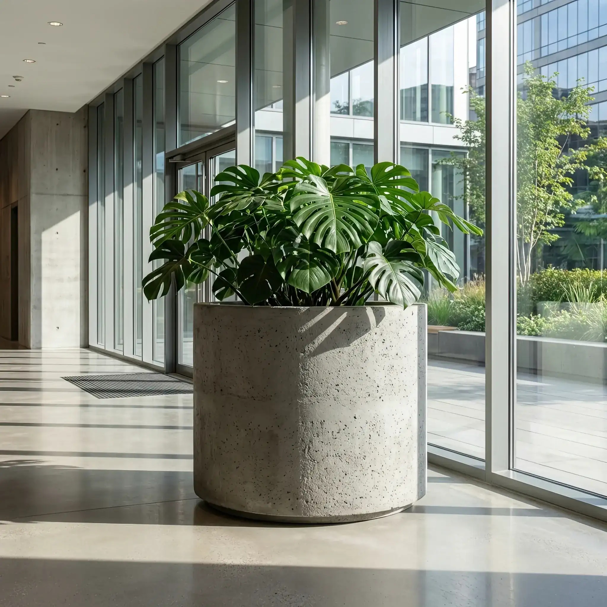 Архитектура и дизайн: Крупный дизайнерский вазон в вестибюль под защитой нано-покрытия, подчеркивающего текстуру камня и предотвращающего солевые разводы