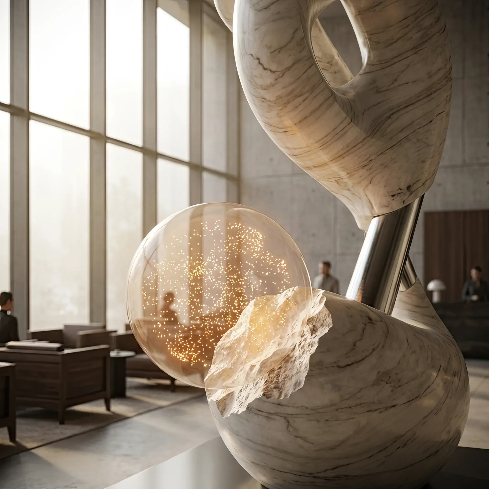 Архитектура и дизайн: Гость касается полированной поверхности бронзовой статуи в вестибюль: нано-покрытие предотвращает окисление и царапины