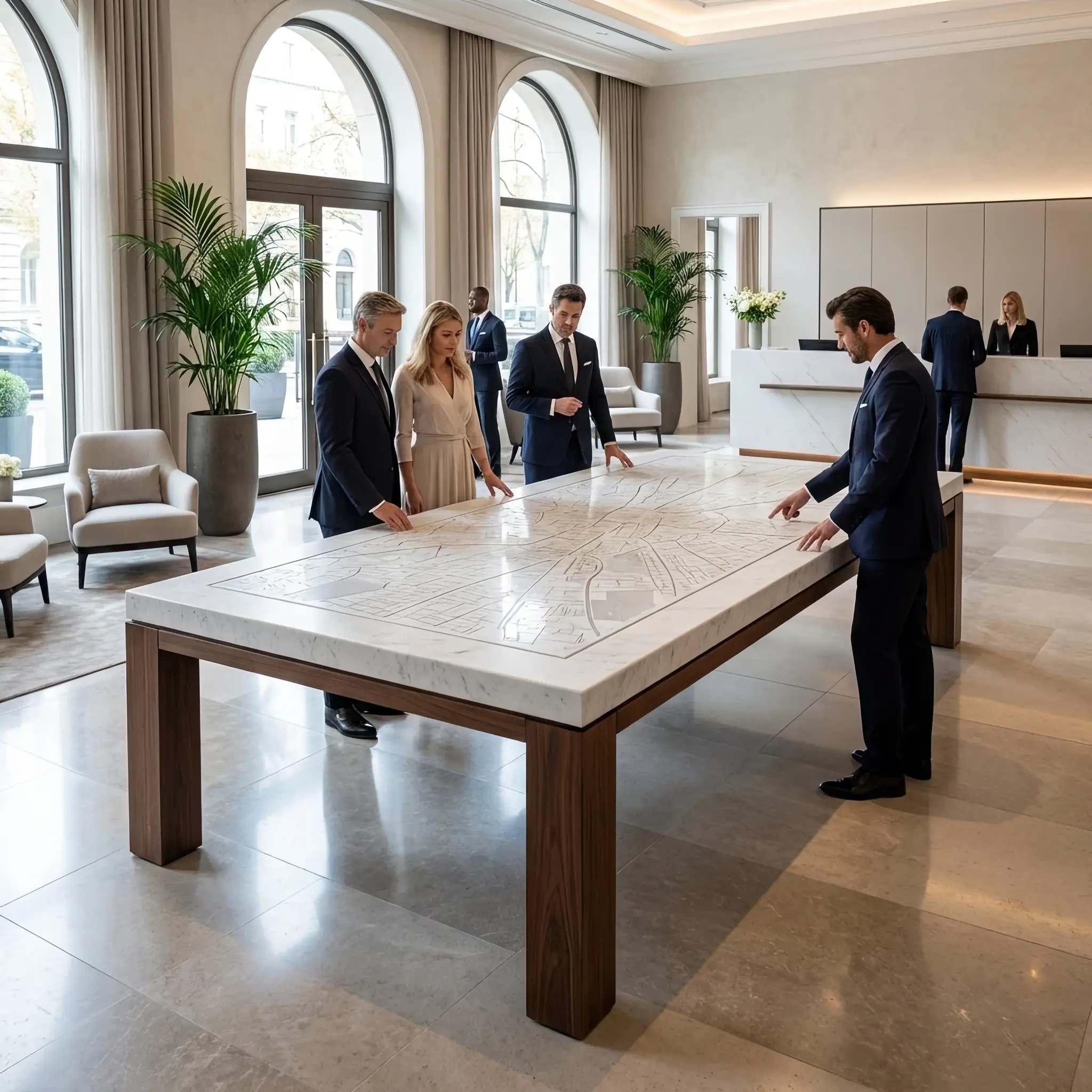 Архитектура и дизайн: Гость масштабирует карту здания на навигационном терминале: нано-покрытие защищает экран от царапин и пятен