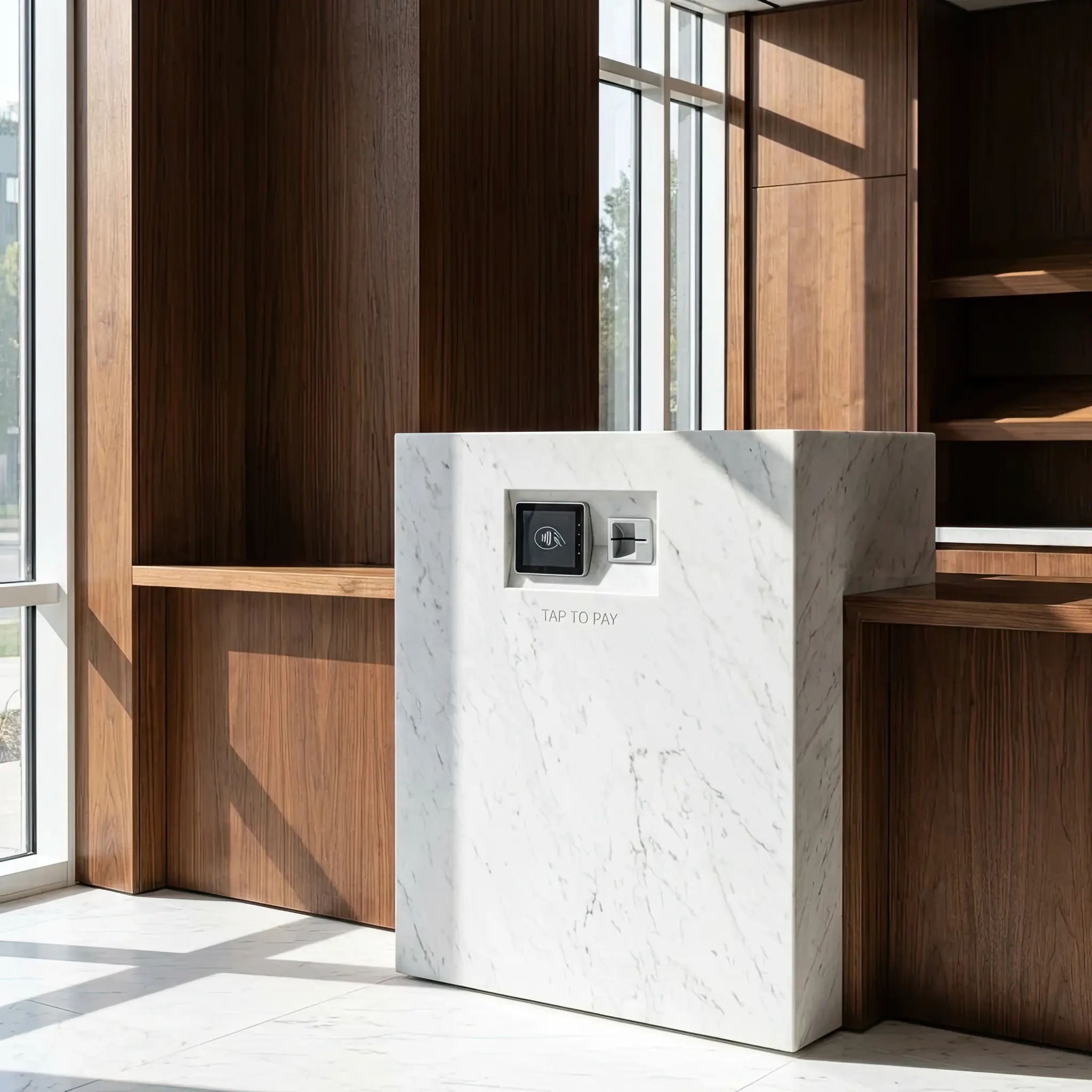 Архитектура и дизайн: Гость оплачивает услугу в вестибюль: нано-покрытие защищает терминал оплаты от царапин картами и ключами