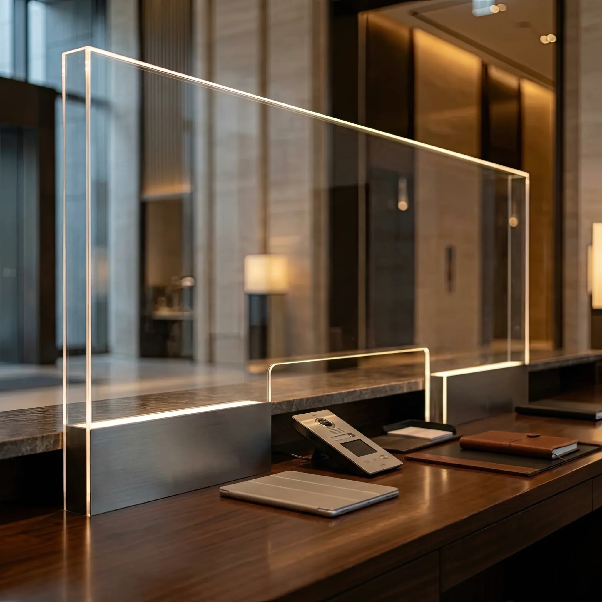 Архитектура и дизайн: Бесшовная стеклянная перегородка в зоне приемная с мягкой подсветкой контура