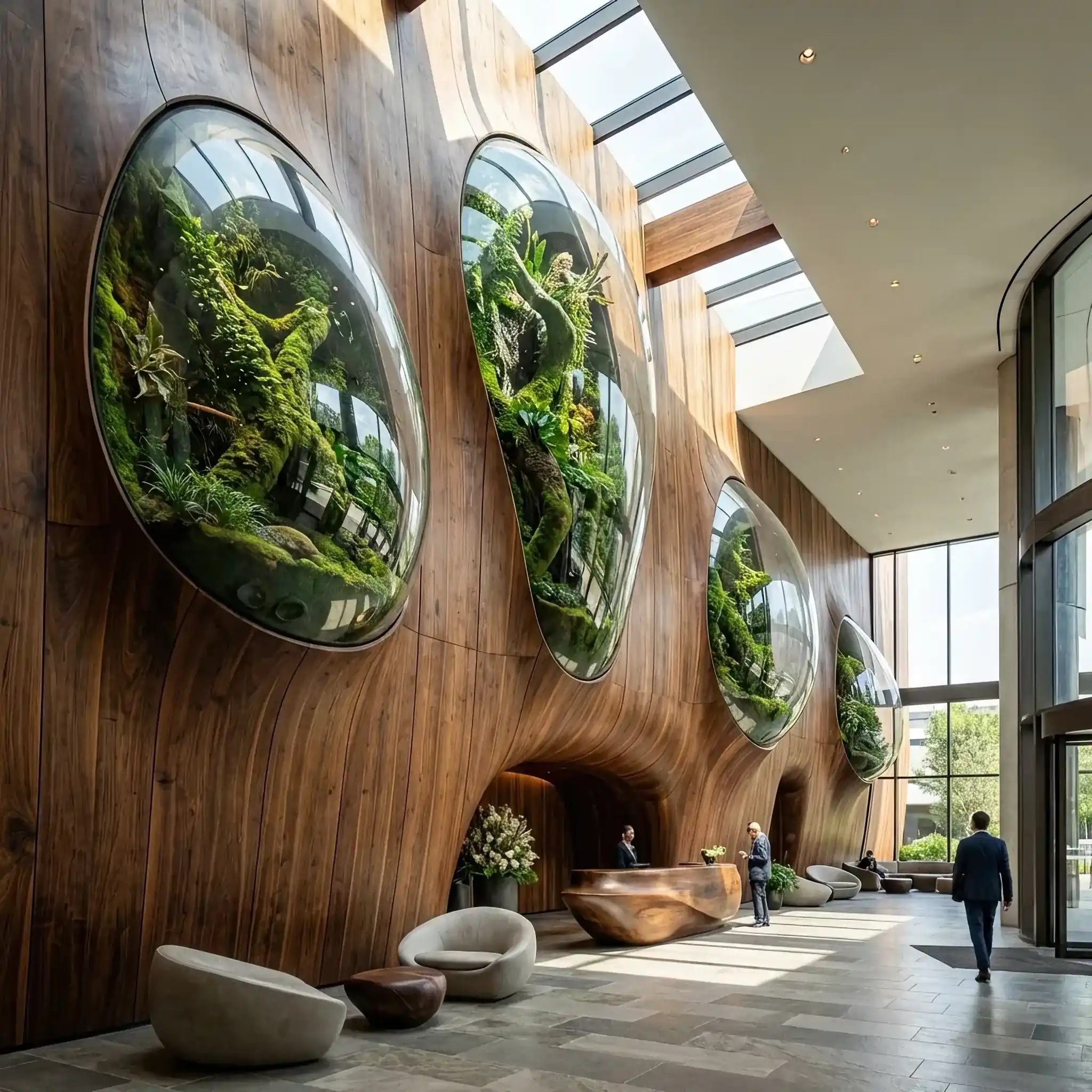 Архитектура и дизайн: Футуристические прозрачные капсулы с ярко-зеленой живой субстанцией водорослей расставлены в вестибюль, работая как мощные природные легкие здания