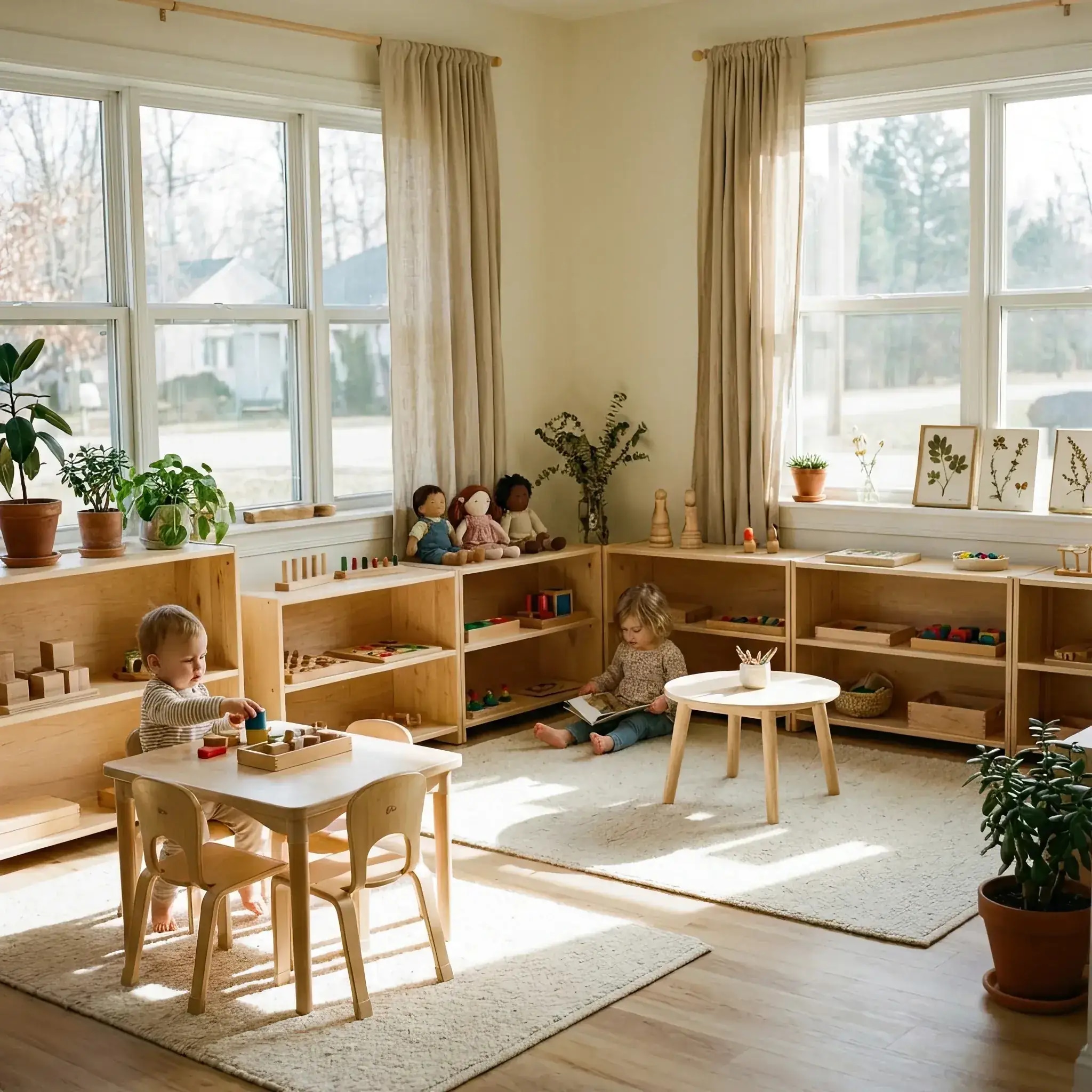 Архитектура и дизайн: Светлое детское вестибюль с низкой мебелью из дерева, открытыми стеллажами и ребенком, выбирающим занятие