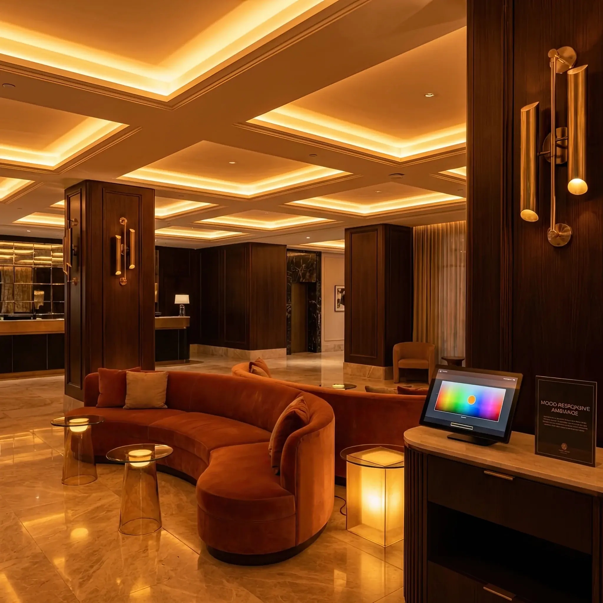 Архитектура и дизайн: Стильный интерьер вестибюль, где цветовые акценты мебели и освещения гармонично меняются