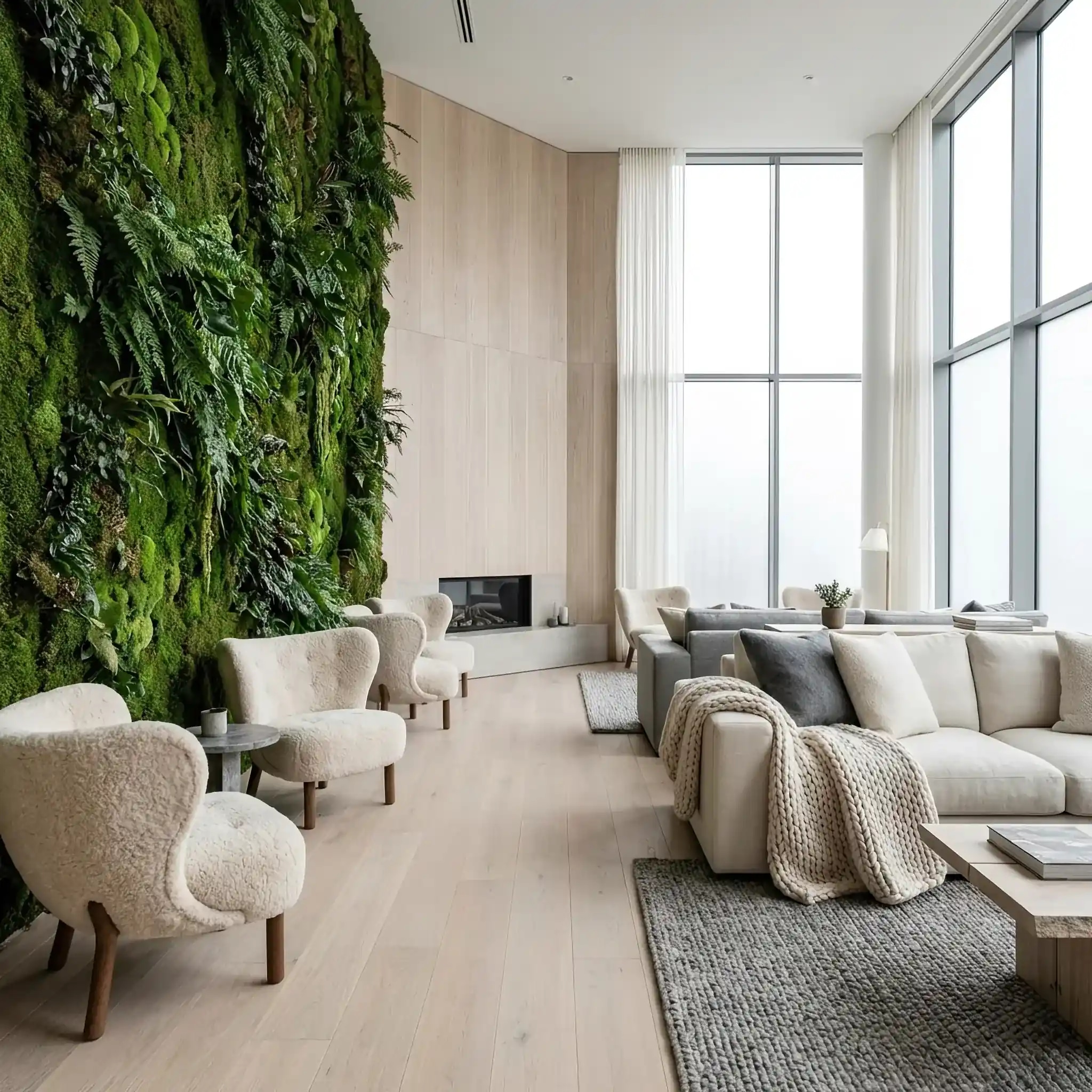 Архитектура и дизайн: Стойка приемная из необработанного гранита и светлого дерева на фоне стены из стабилизированного мха