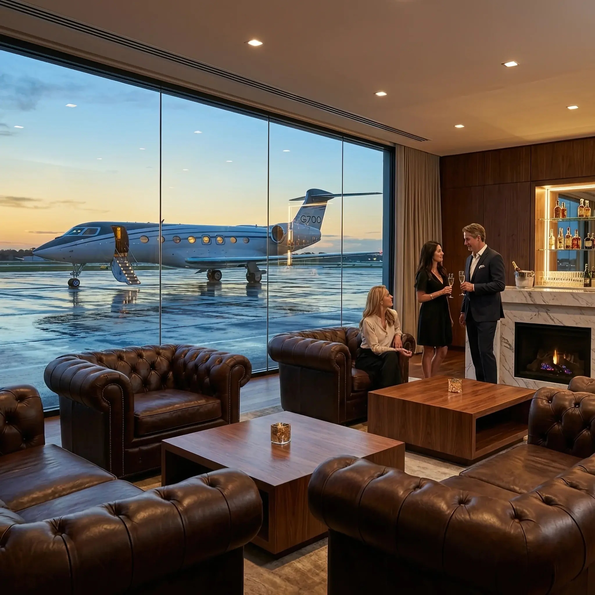 Архитектура и дизайн: Роскошный приемная FBO-терминала с использованием редкого шпона и литых бронзовых деталей