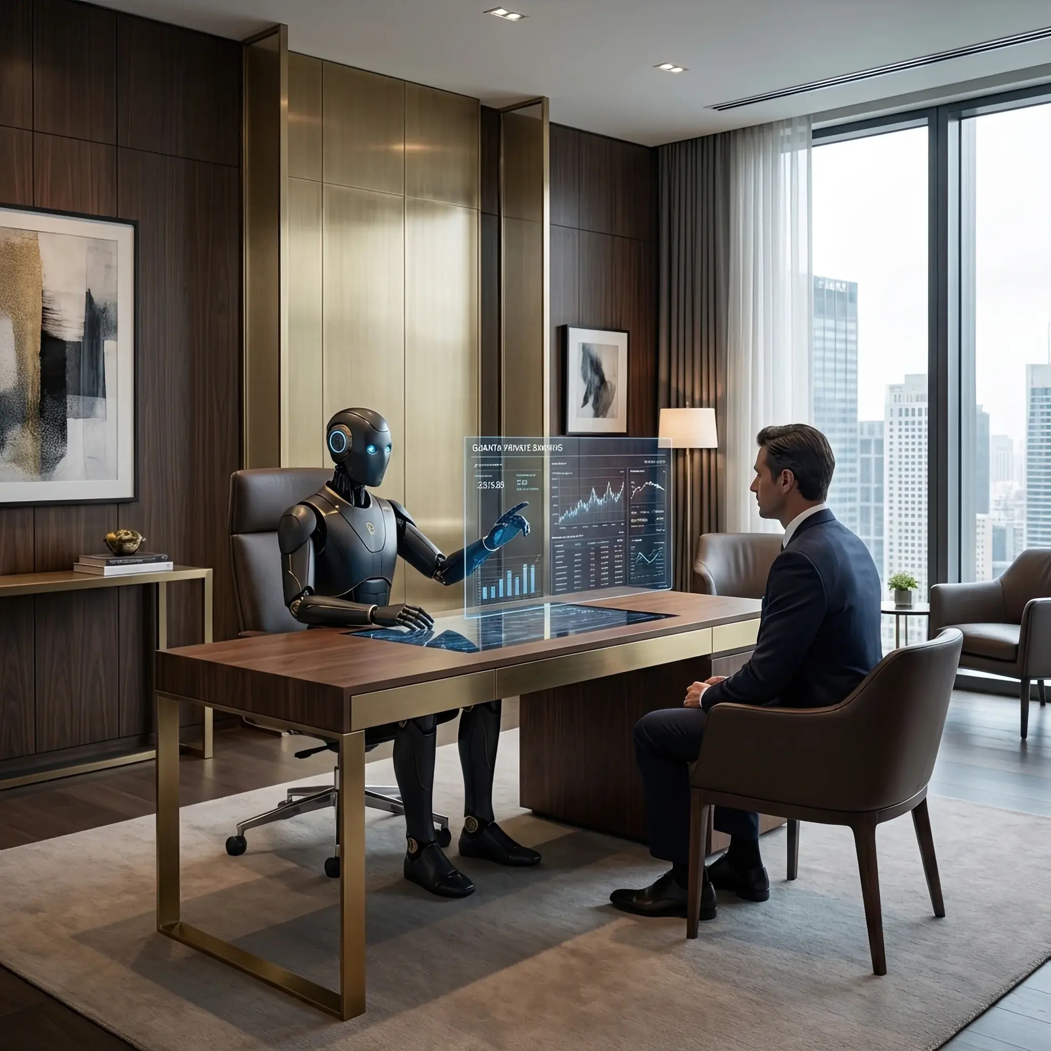 Архитектура и дизайн: Интерьер инвест-лаунжа с интерактивными графиками на стенах и минималистичной мебелью